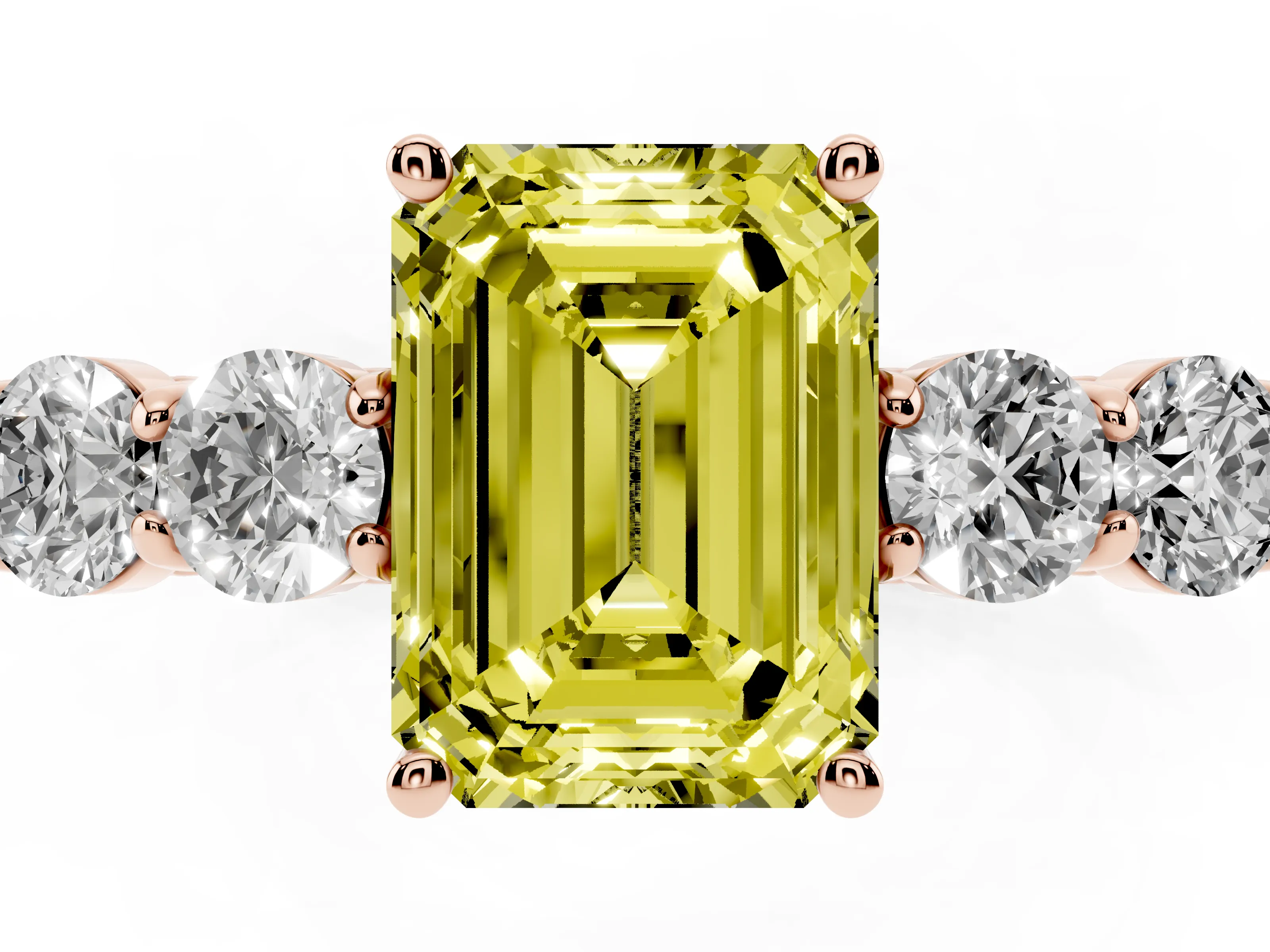 Fancy Yellow Emerald Cut Diamond Five-Stone Prong Set Band Ring Set in Rose gold with Polished Band