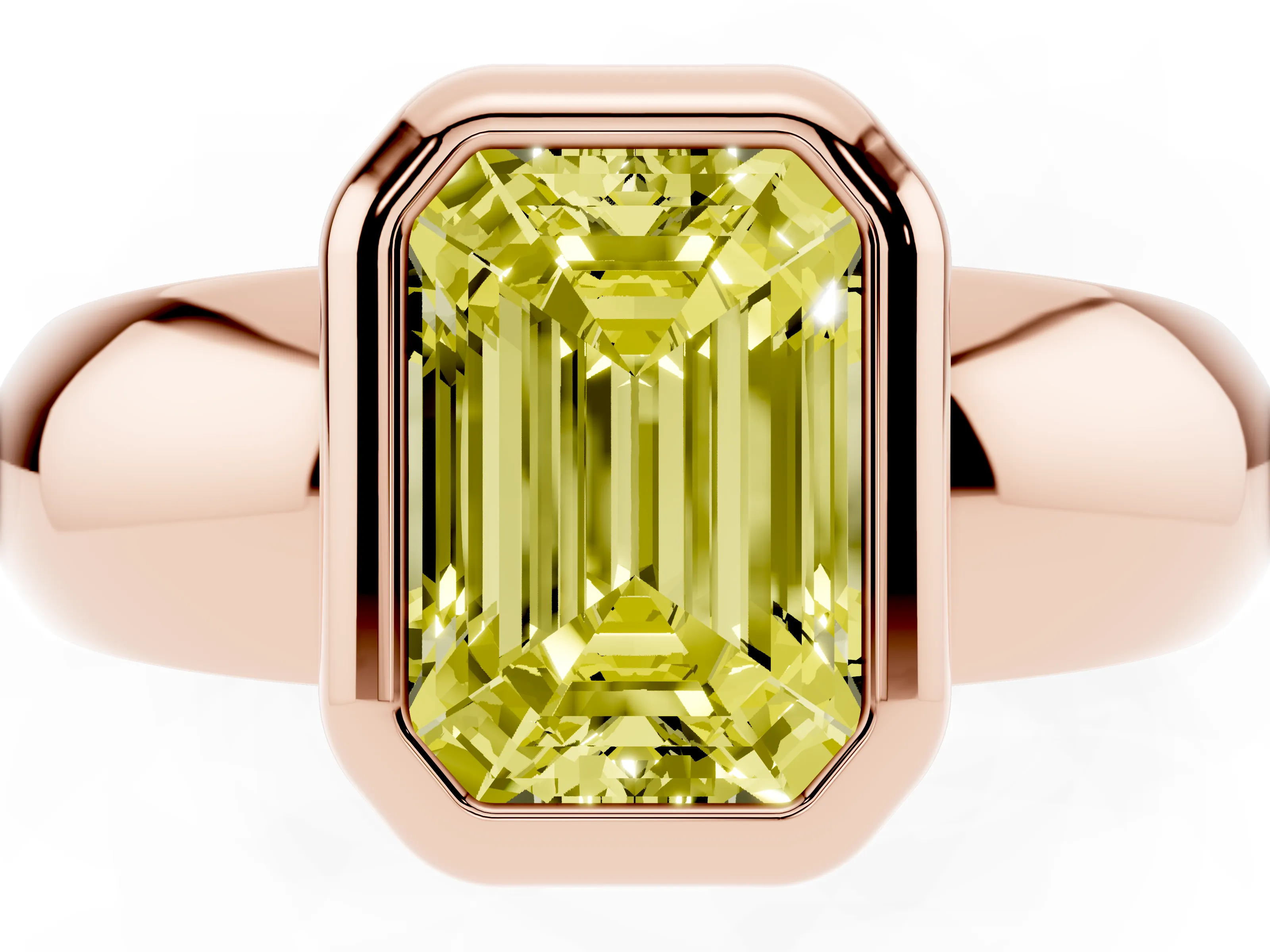 Fancy Yellow Bezel Set Emerald Cut Diamond Solitaire Ring Set in Rose gold with Wide Band