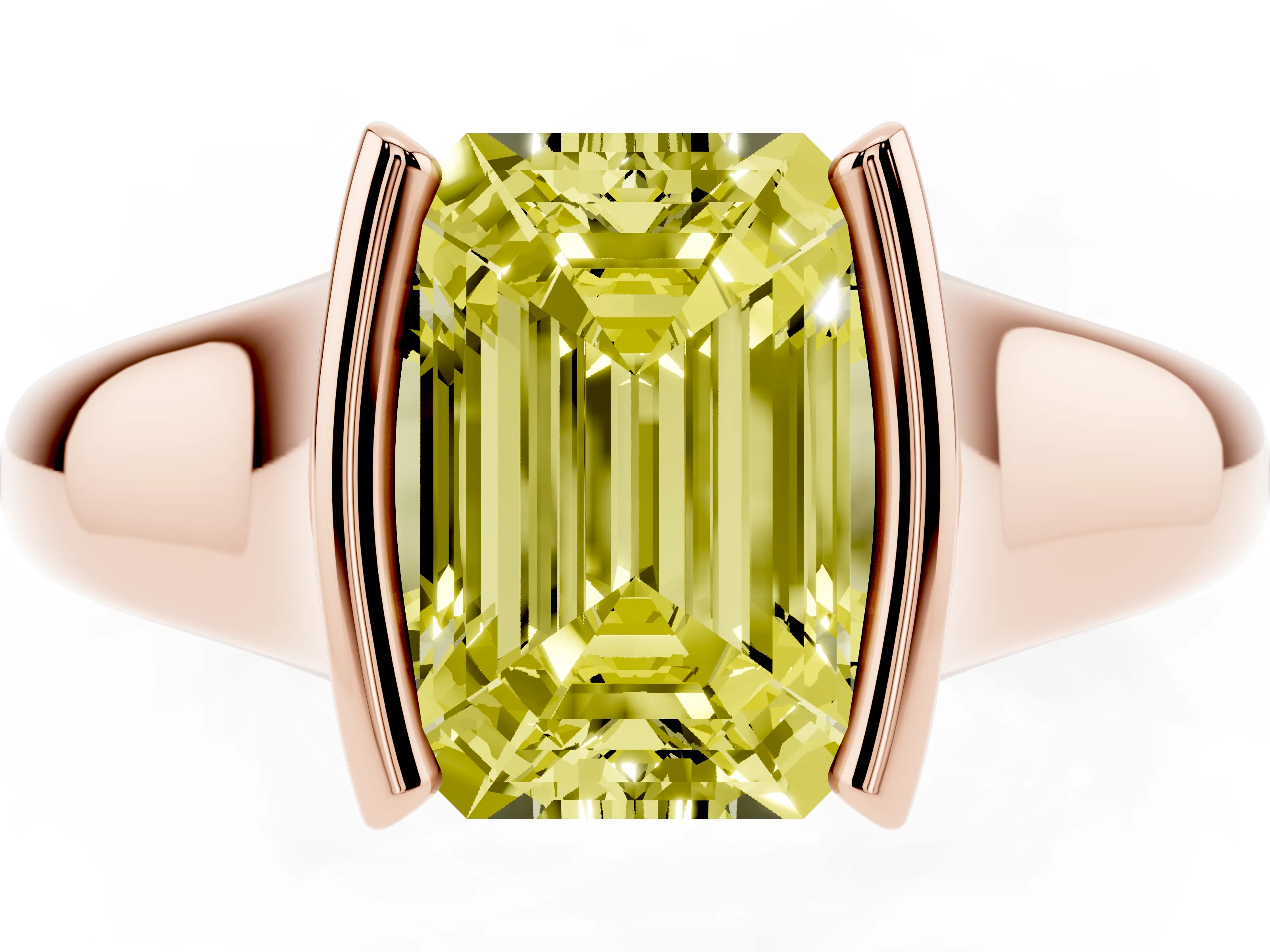Fancy Yellow Emerald Cut Diamond Solitaire Tension Set Ring Set in Rose gold with Split Shank Band