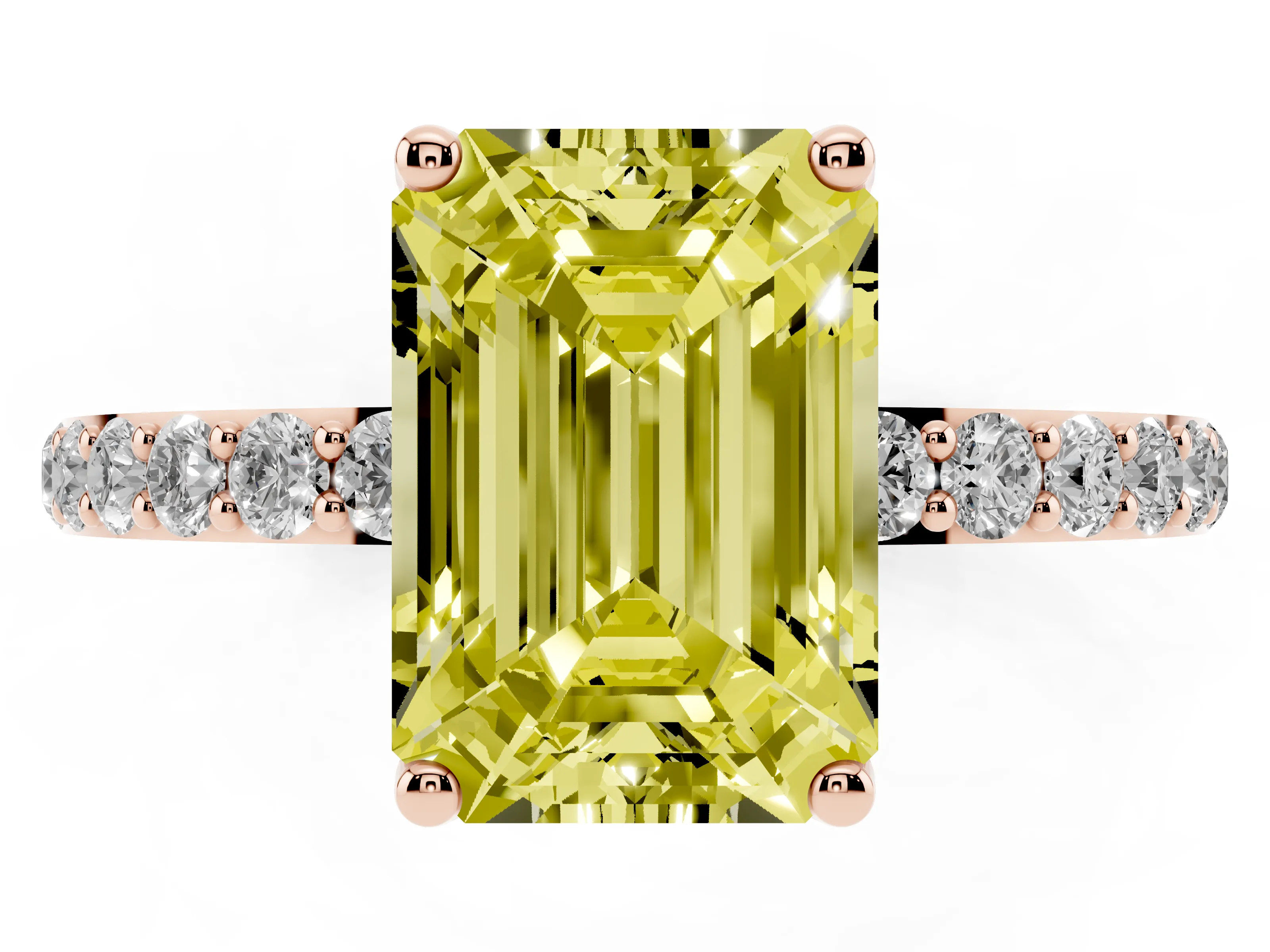 Fancy Yellow Emerald Cut Diamond Solitaire Engagement Ring Set in Rose gold with Round Pavé Band and Prong Setting