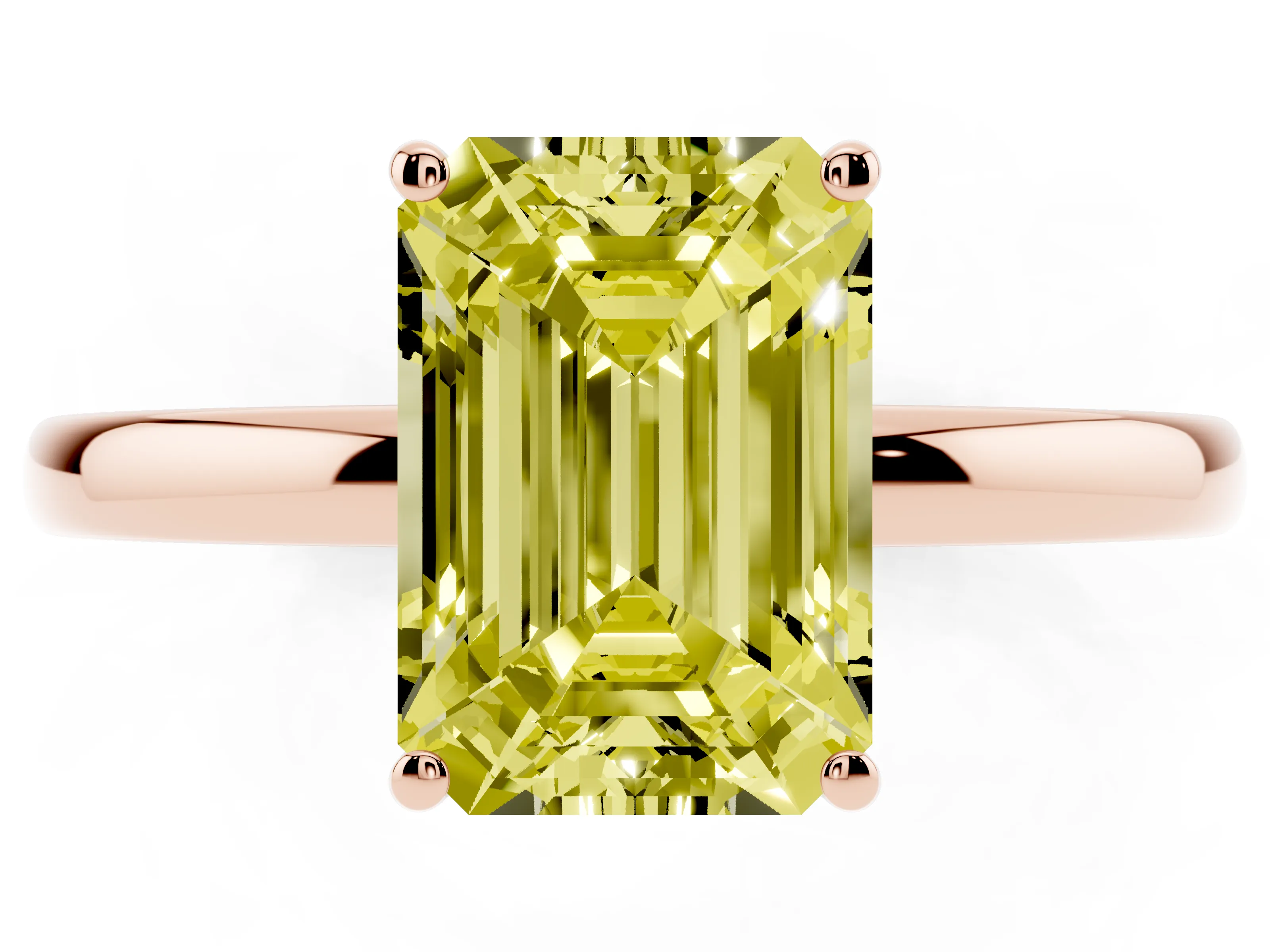 Fancy Yellow Emerald Cut Diamond Solitaire Ring Set in Rose gold with Plain Band and Prong Setting