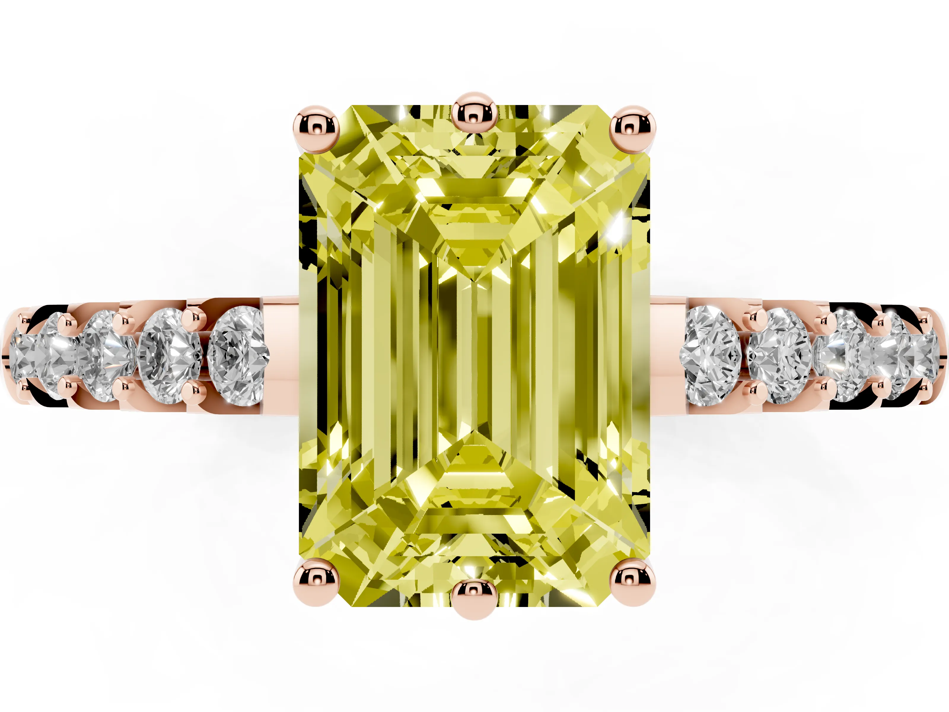 Fancy Yellow Emerald Cut Diamond Solitaire Engagement Ring Set in Rose gold with Pavé Band and Prong Setting