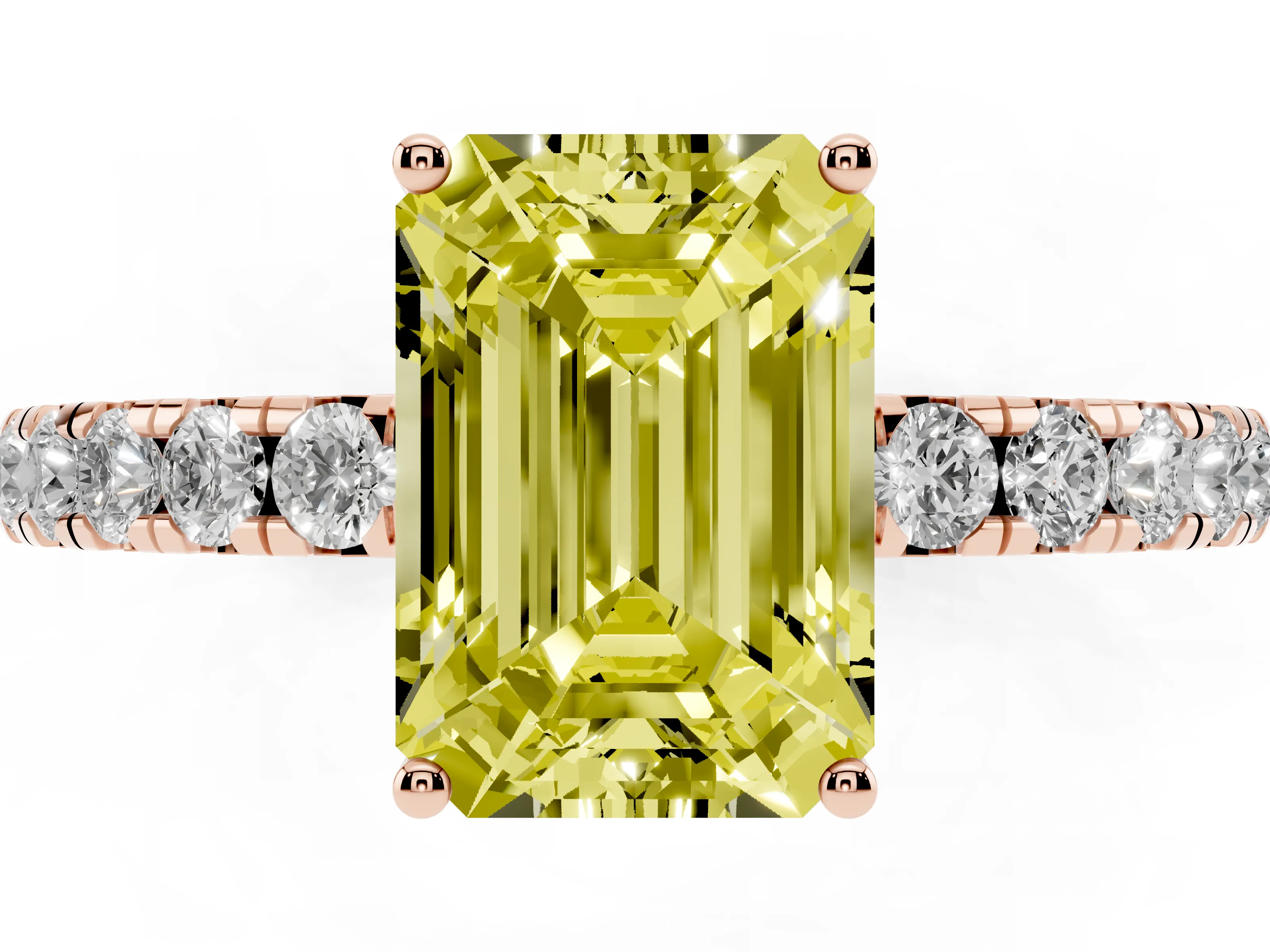Fancy Yellow Emerald Cut Diamond Pavé Solitaire Engagement Ring Set in Rose gold with Prong Setting