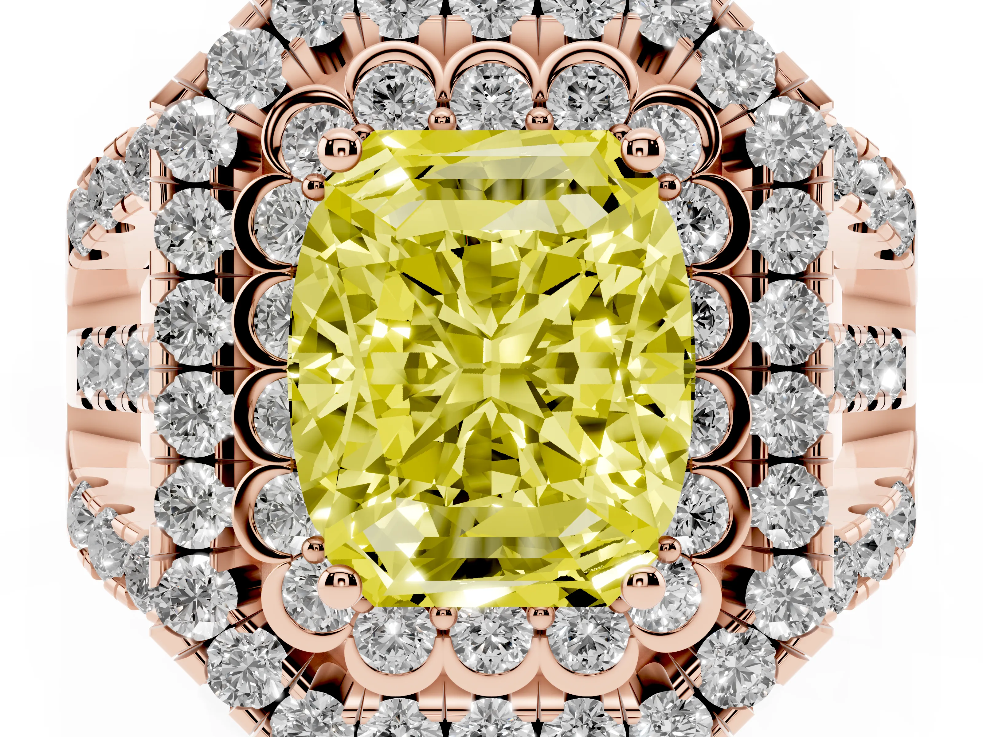 Fancy Yellow Emerald Cut Diamond Double Halo Ring Set in Rose gold with Round Pavé Split Shank