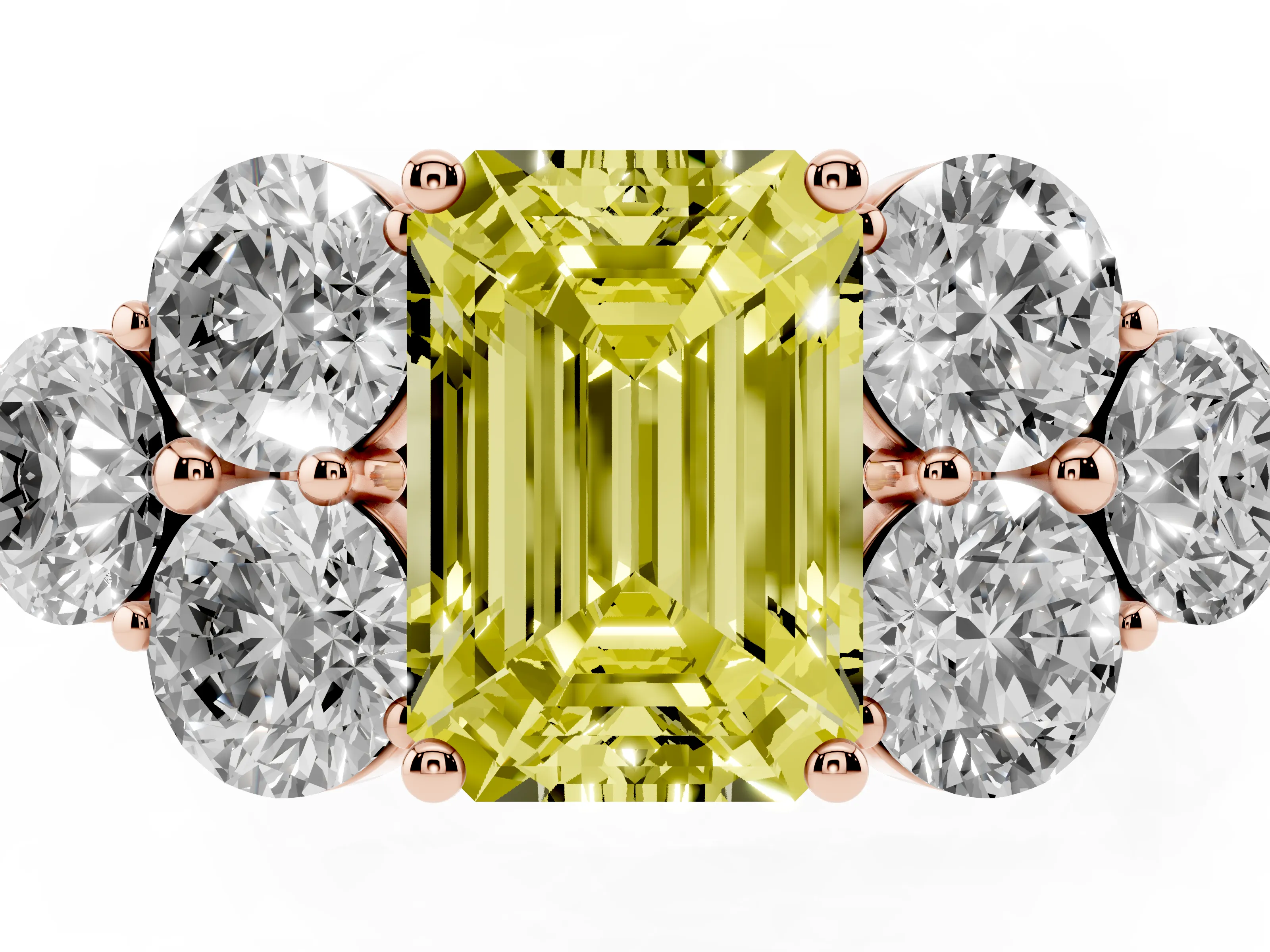 Fancy Yellow Emerald Cut Diamond Cluster Ring Set in Rose gold with Round Accent Stones and Prong Setting on a Plain Band