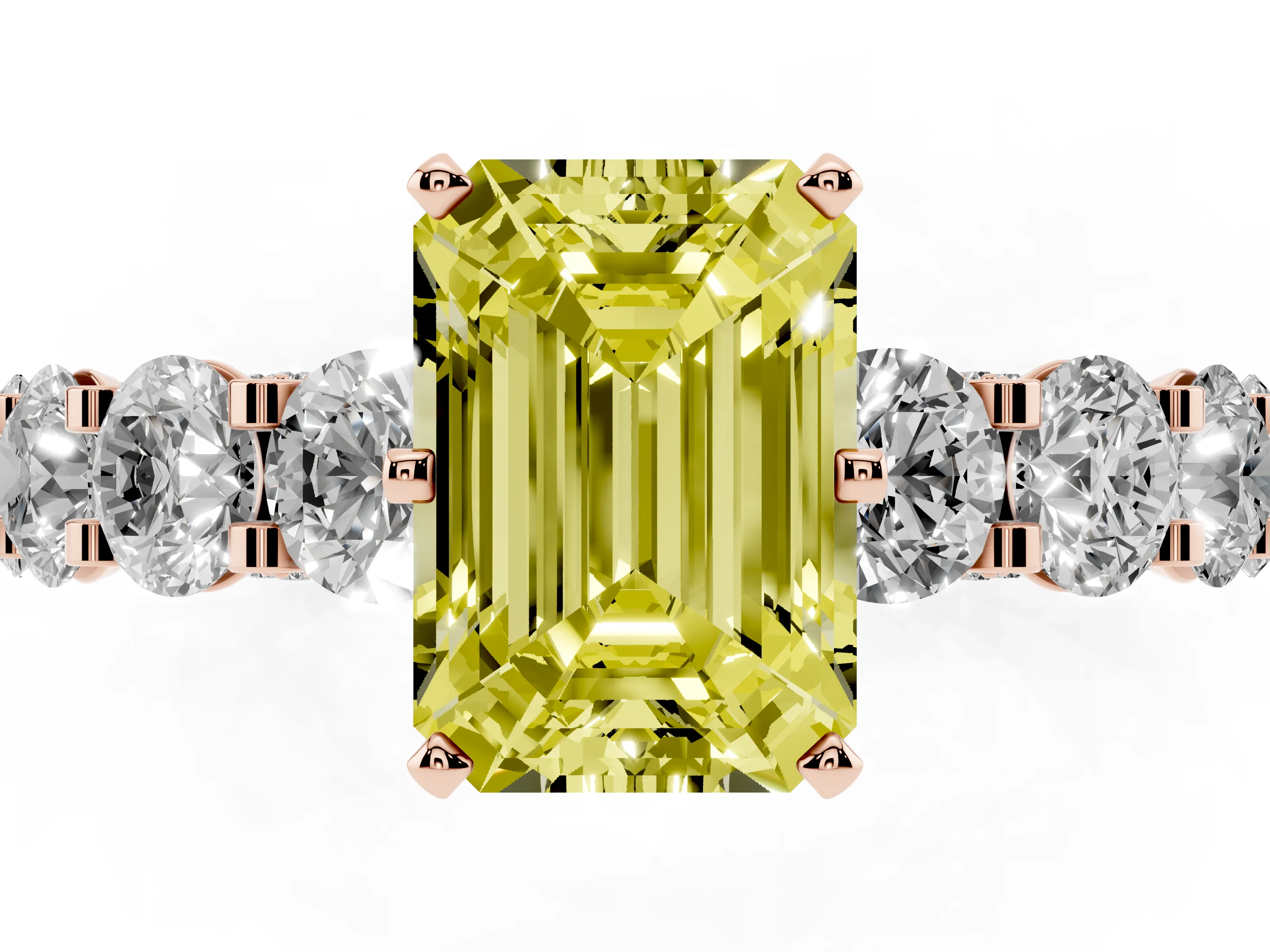 Fancy Yellow Emerald Cut Diamond Side Stone Ring Set in Rose gold with Alternating Round and Oval Side Stones
