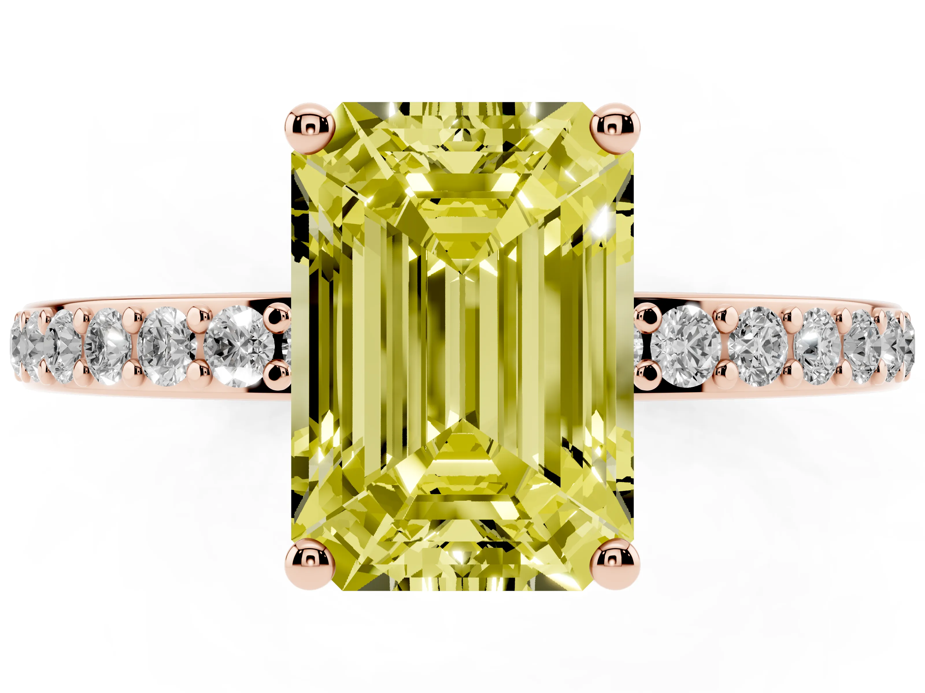 Fancy Yellow Emerald Cut Diamond Pavé Band Ring Set in Rose gold with Prong-Set Center Stone