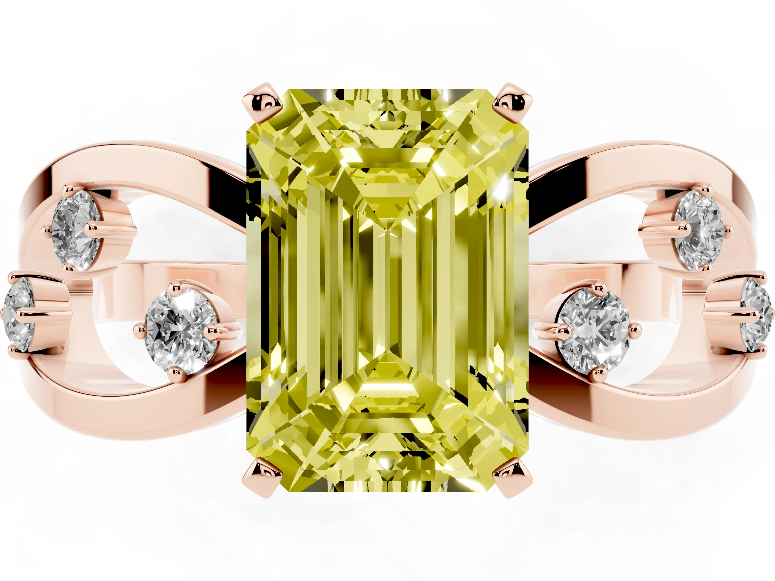 Fancy Yellow Emerald Cut Diamond Solitaire Ring Set in Rose gold with Side Stones on Criss-Cross Band and Prong Setting