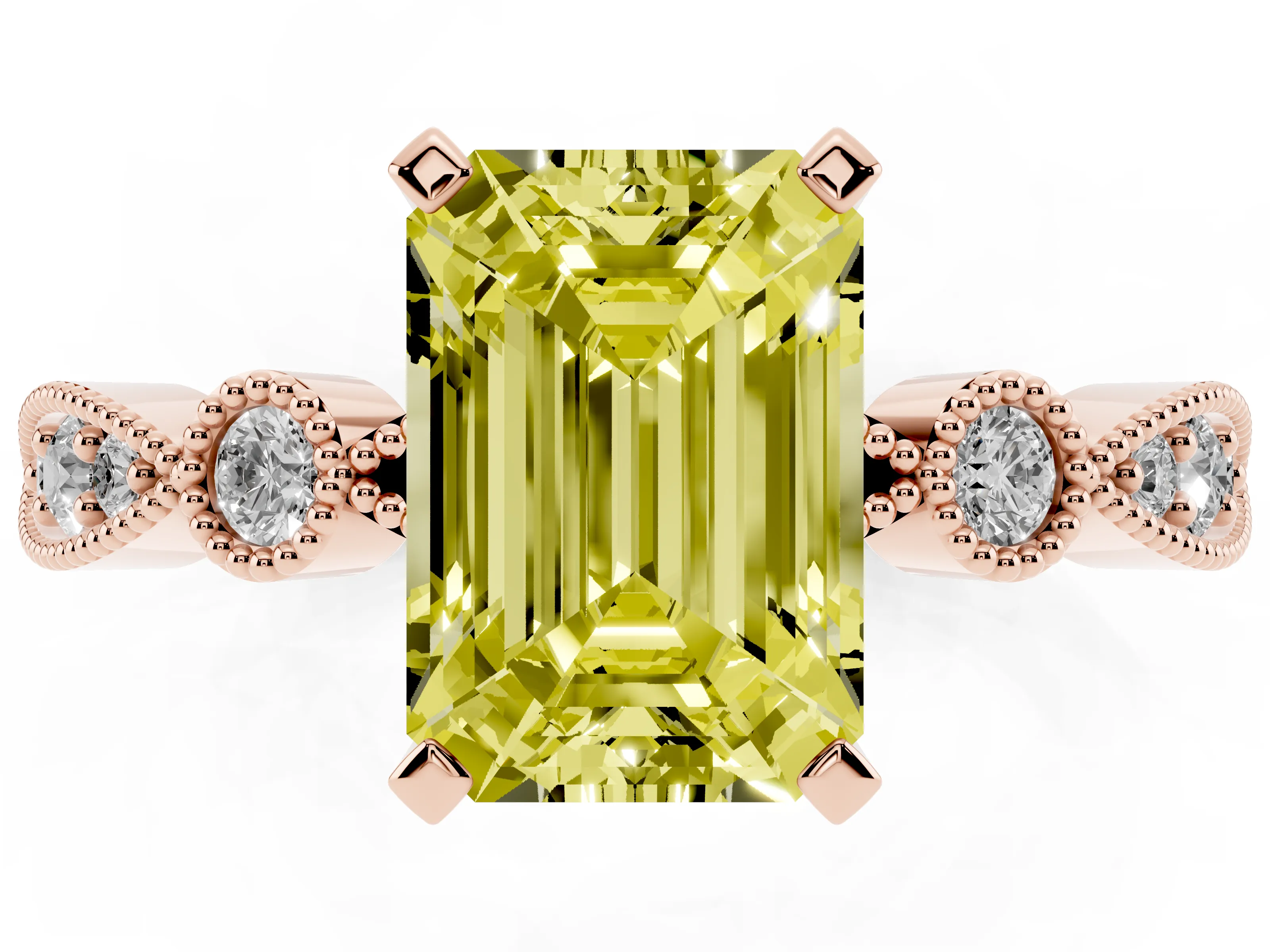 Fancy Yellow Emerald Cut Diamond Solitaire Engagement Ring Set in Rose gold with Milgrain Bezel Accent Band