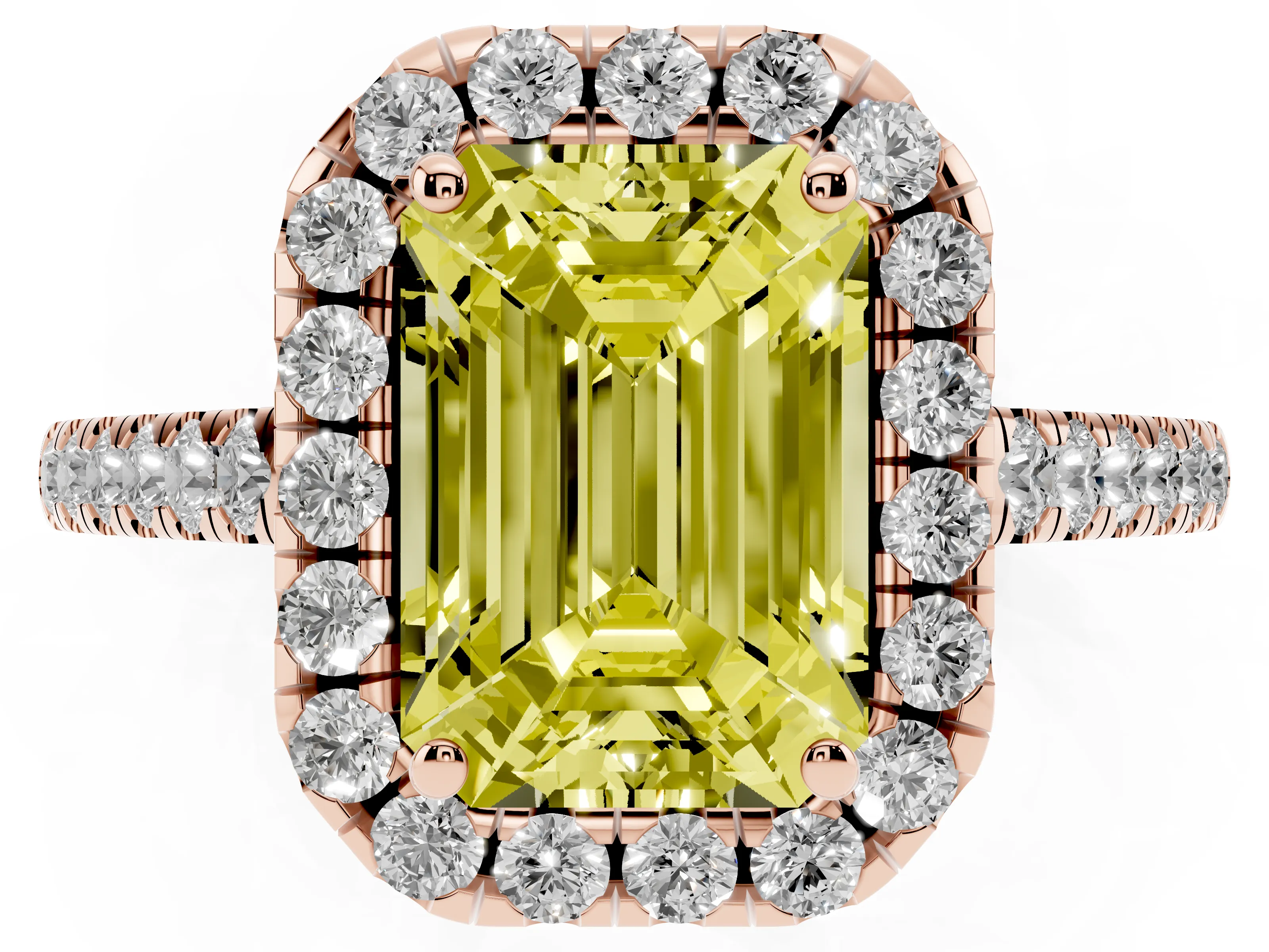 Fancy Yellow Emerald Cut Diamond Halo Pavé Engagement Ring Set in Rose gold with Prong Setting