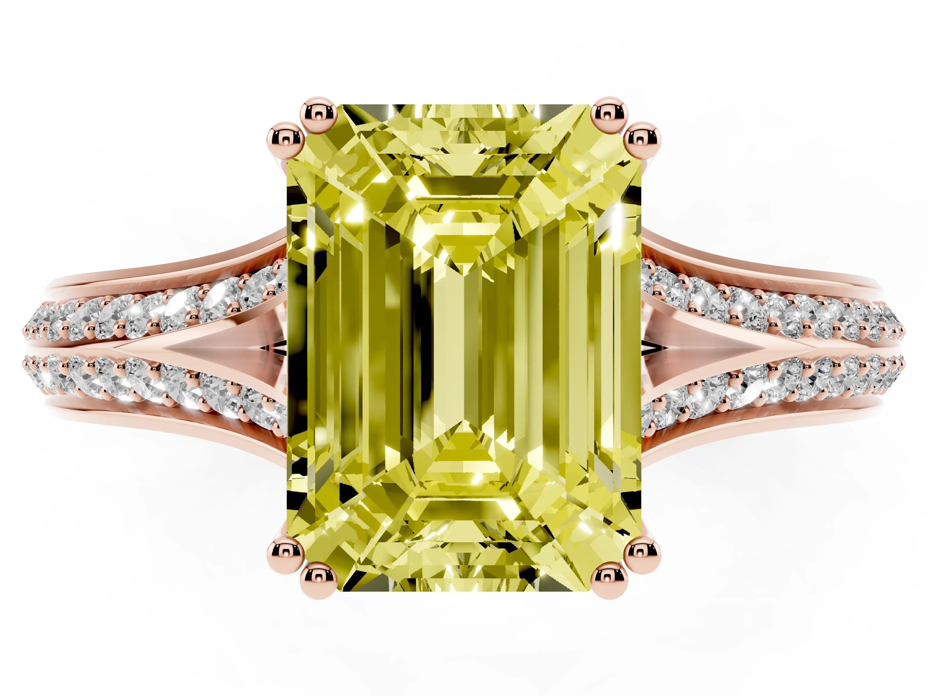 Fancy Yellow Emerald Cut Diamond Split Shank Pavé Engagement Ring Set in Rose gold with Prong-Set Center Stone