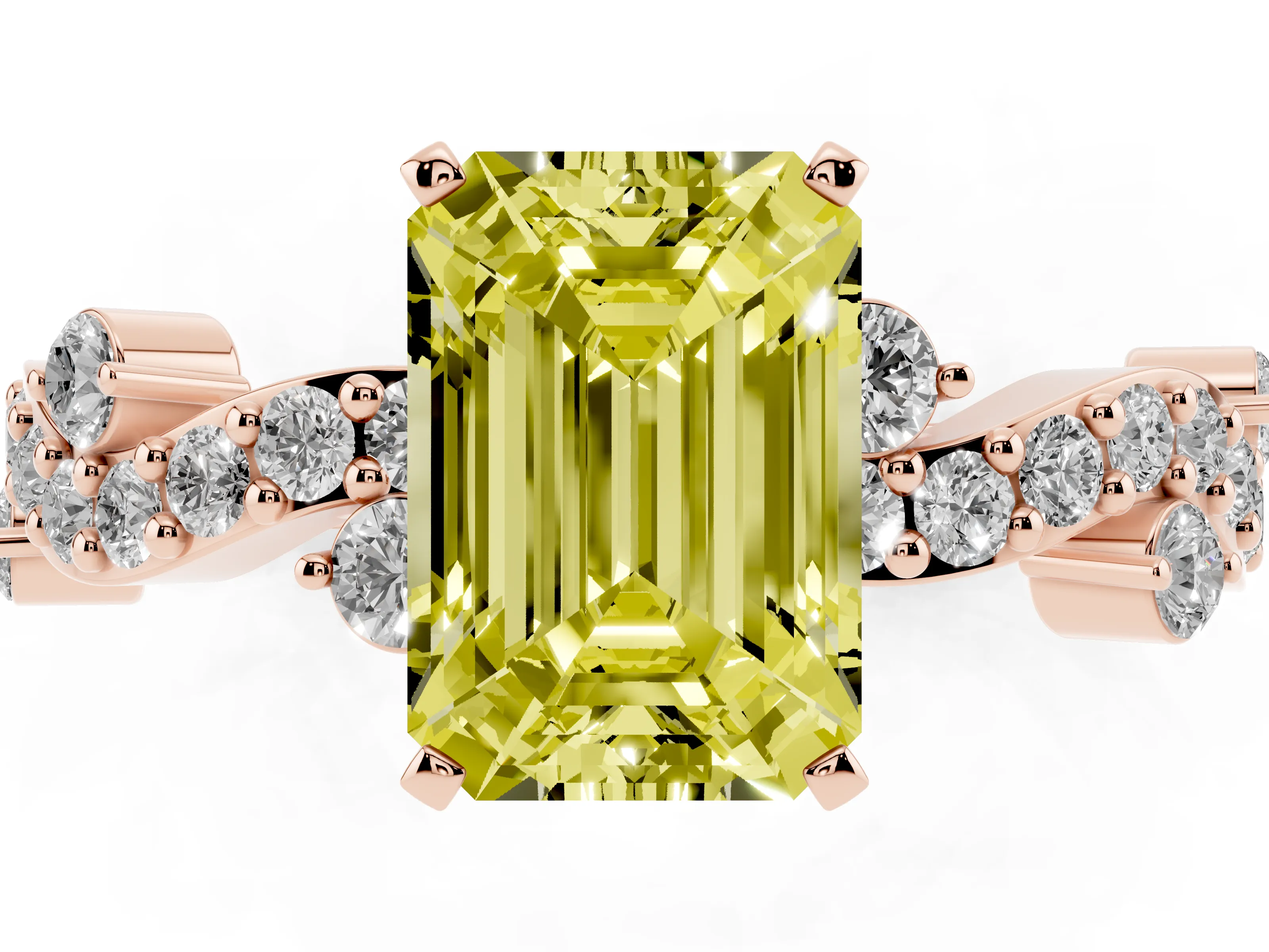 Fancy Yellow Emerald Cut Diamond Solitaire Twisted Band Set in Rose gold with Pavé Setting