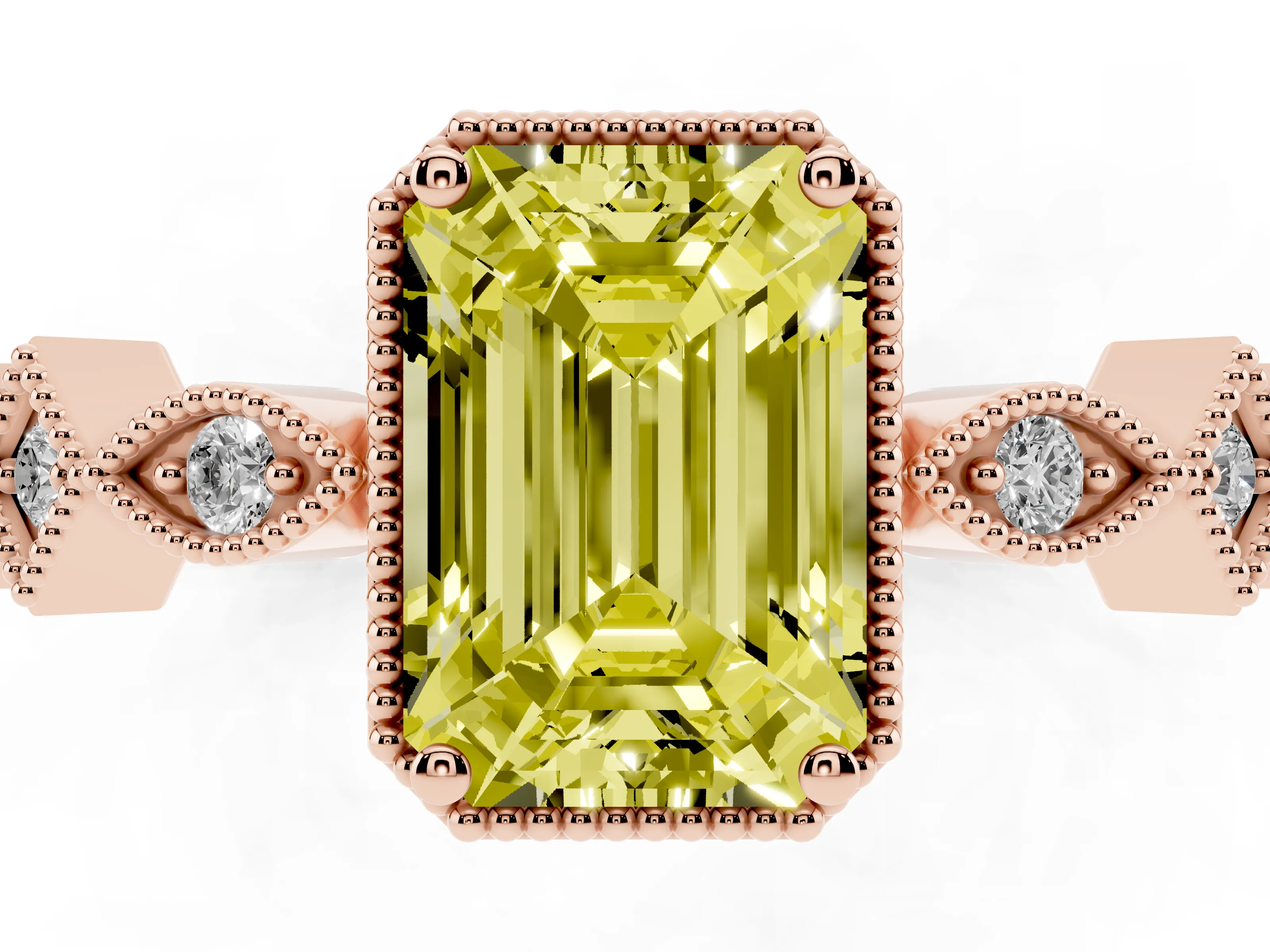 Fancy Yellow Emerald Cut Diamond Milgrain Marquise Twist Band Ring Set in Rose gold with Prong Setting