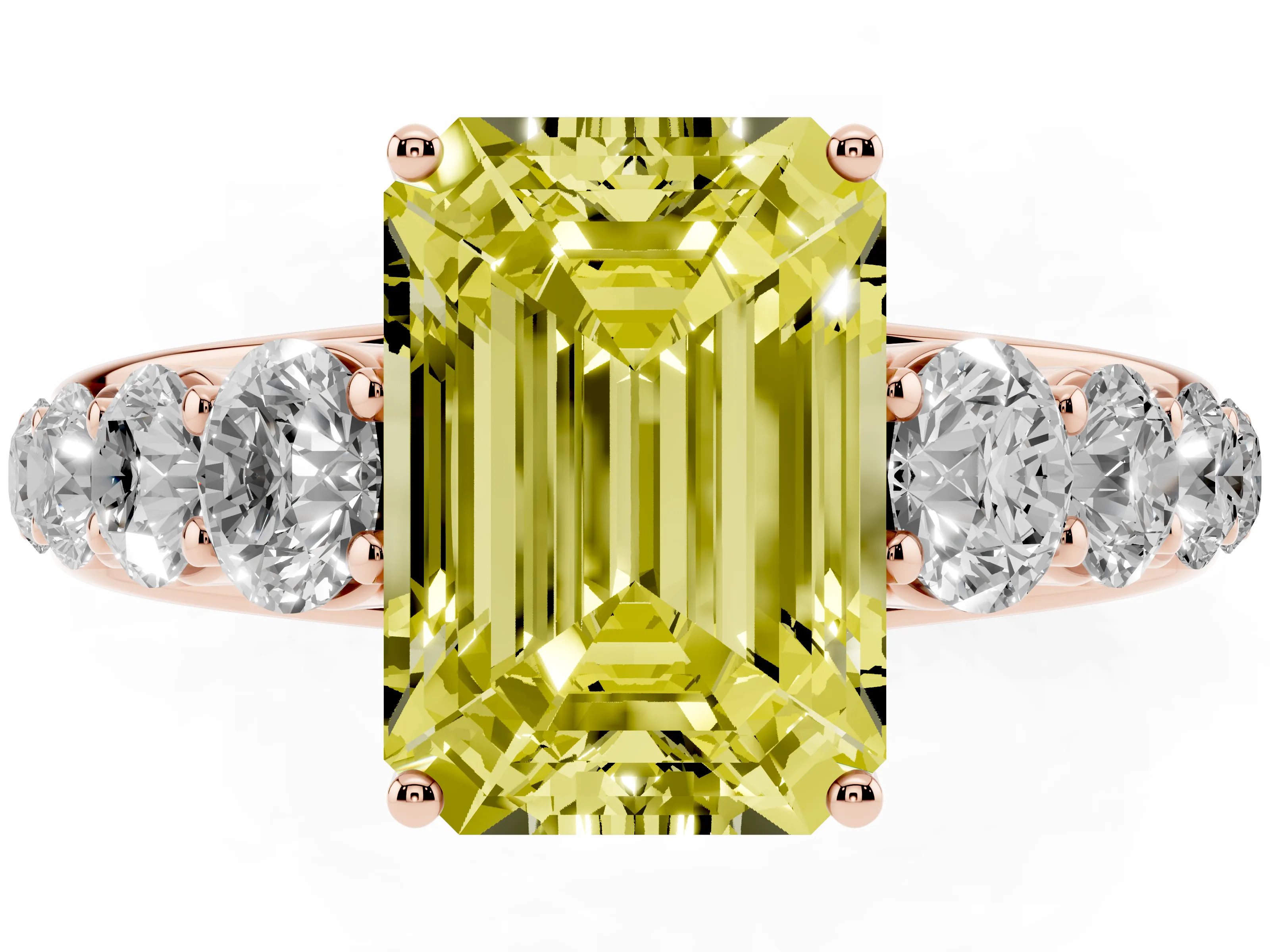 Fancy Yellow Emerald Cut Diamond Solitaire Ring Set in Rose gold with Pavé-Set Band and Prong Setting