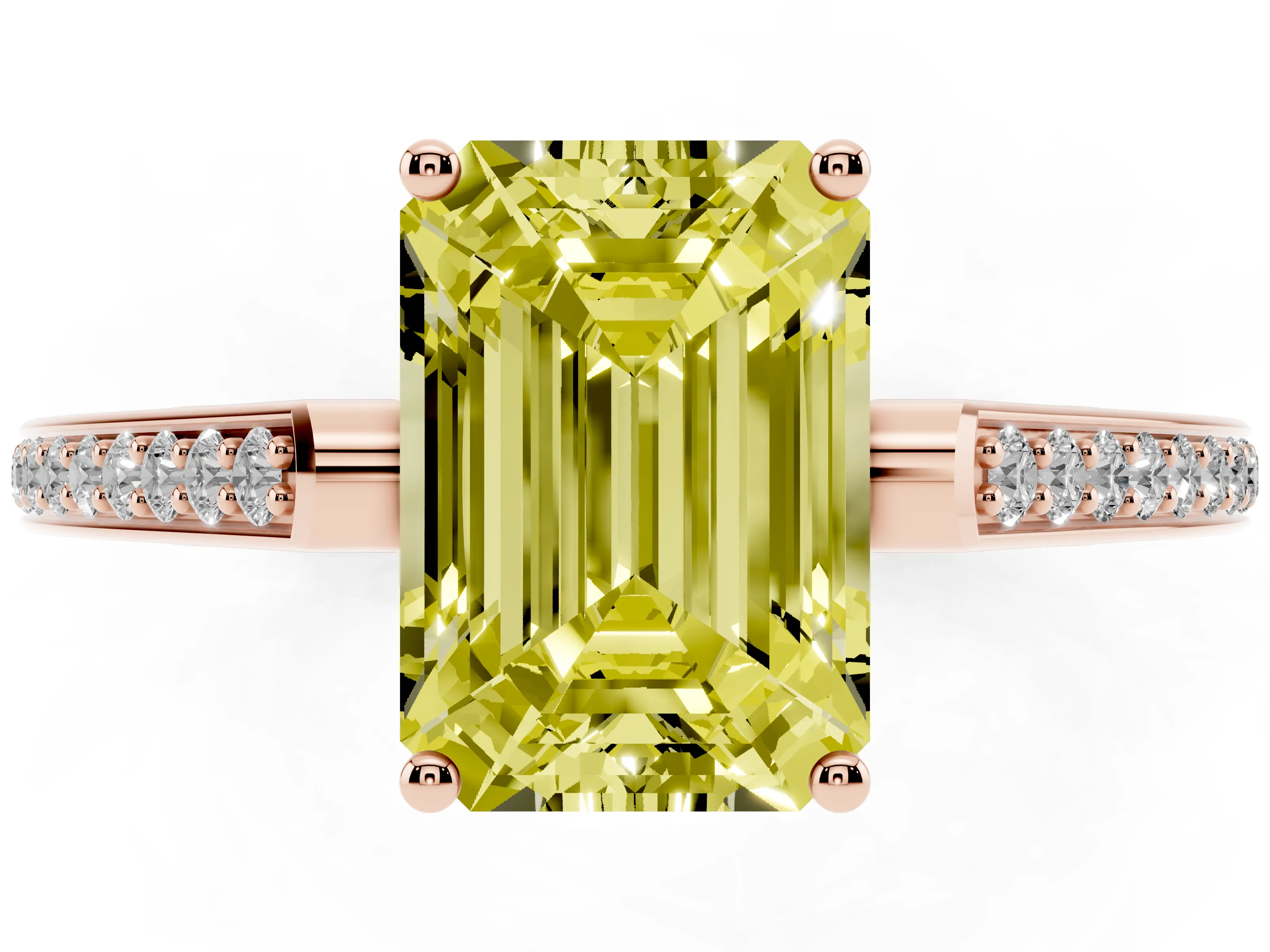 Fancy Yellow Emerald Cut Diamond Cathedral Pavé Engagement Ring Set in Rose gold with Prong Setting