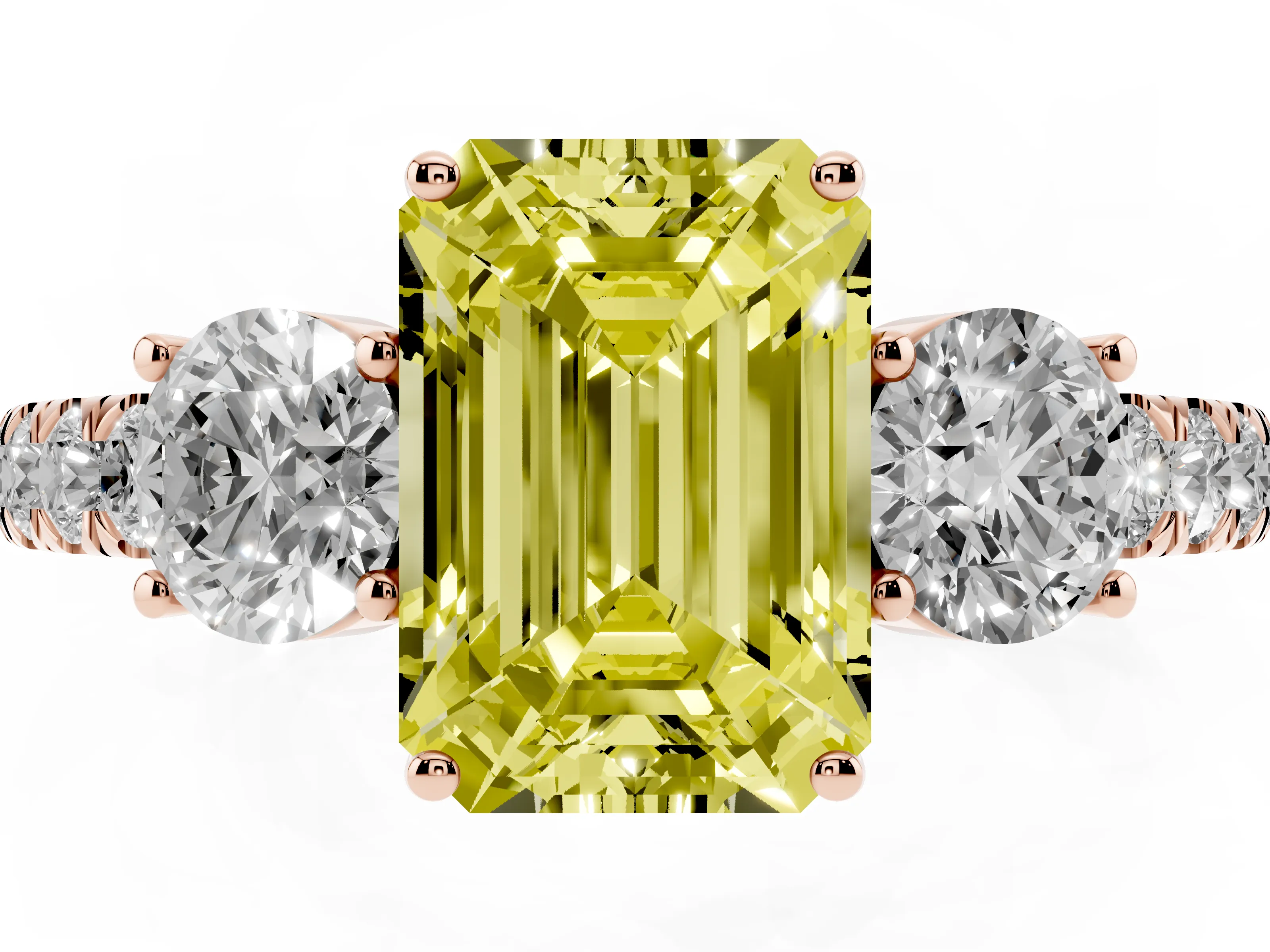 Fancy Yellow Emerald Cut Diamond Three-Stone Ring Set in Rose gold with Round Side Stones and Delicate Pavé Band
