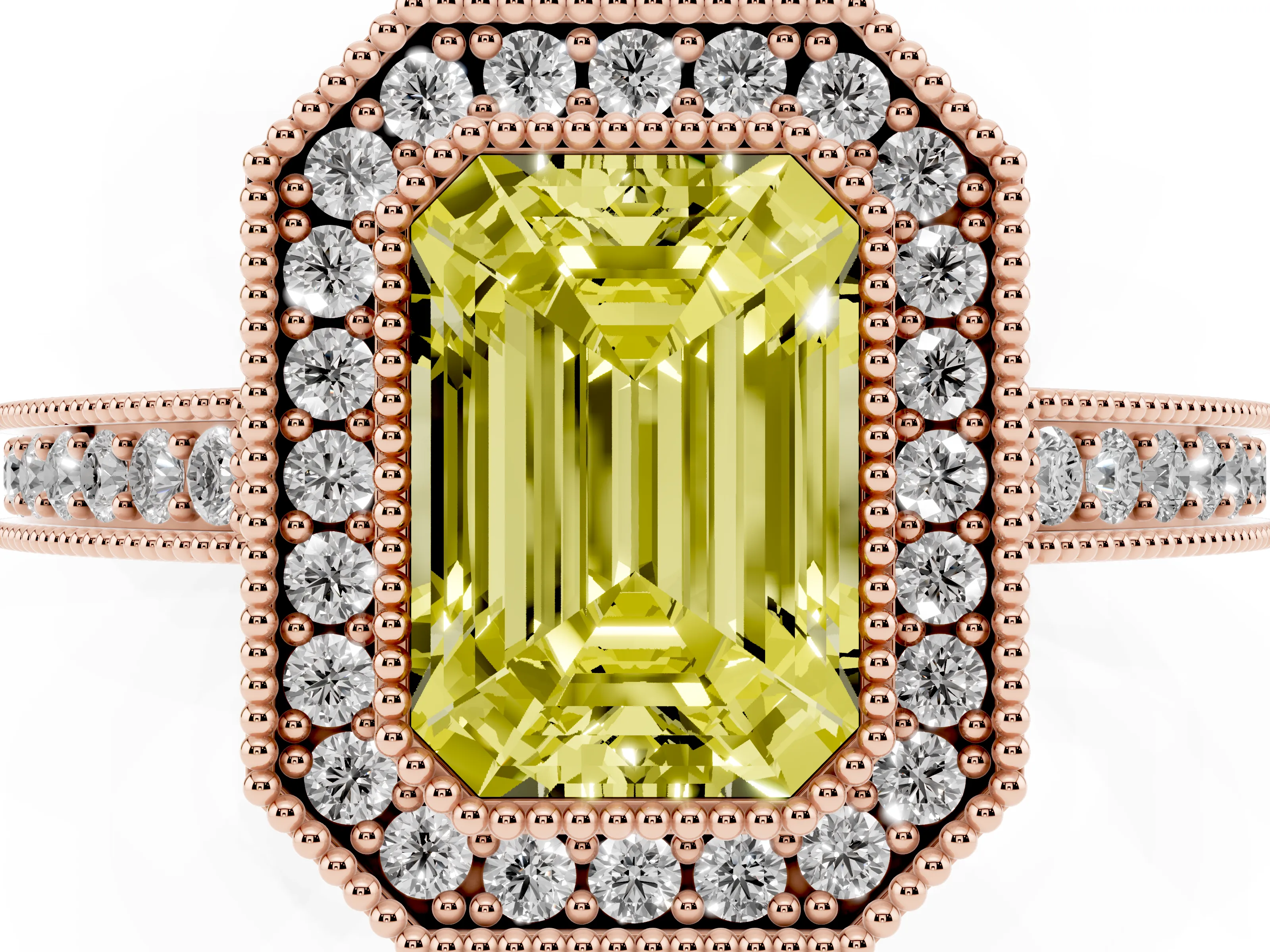 Fancy Yellow Emerald Cut Diamond Round Halo Ring Set in Rose gold with Pavé Band