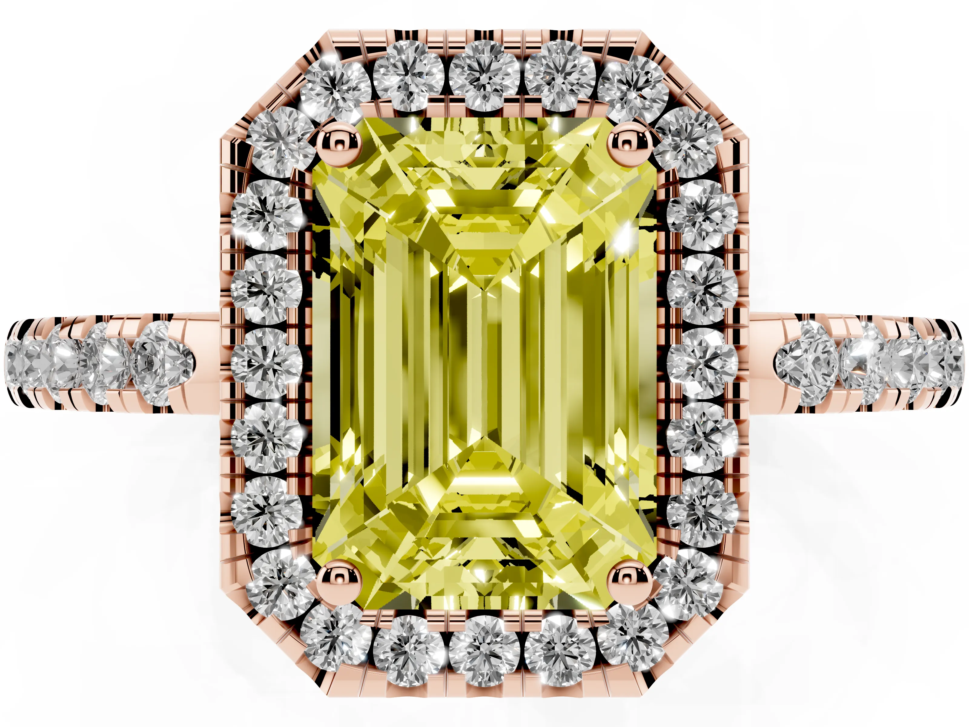 Fancy Yellow Emerald Cut Diamond Pavé Band Halo Engagement Ring Set in Rose gold with Prong Setting