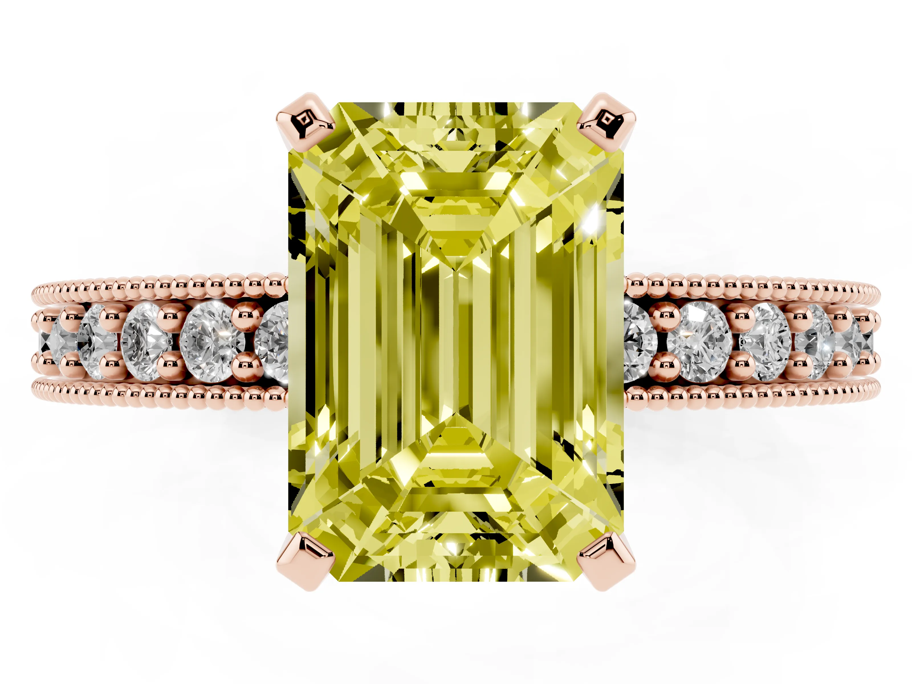 Fancy Yellow Emerald Cut Diamond Milgrain Pavé Engagement Ring Set in Rose gold with Prong Setting