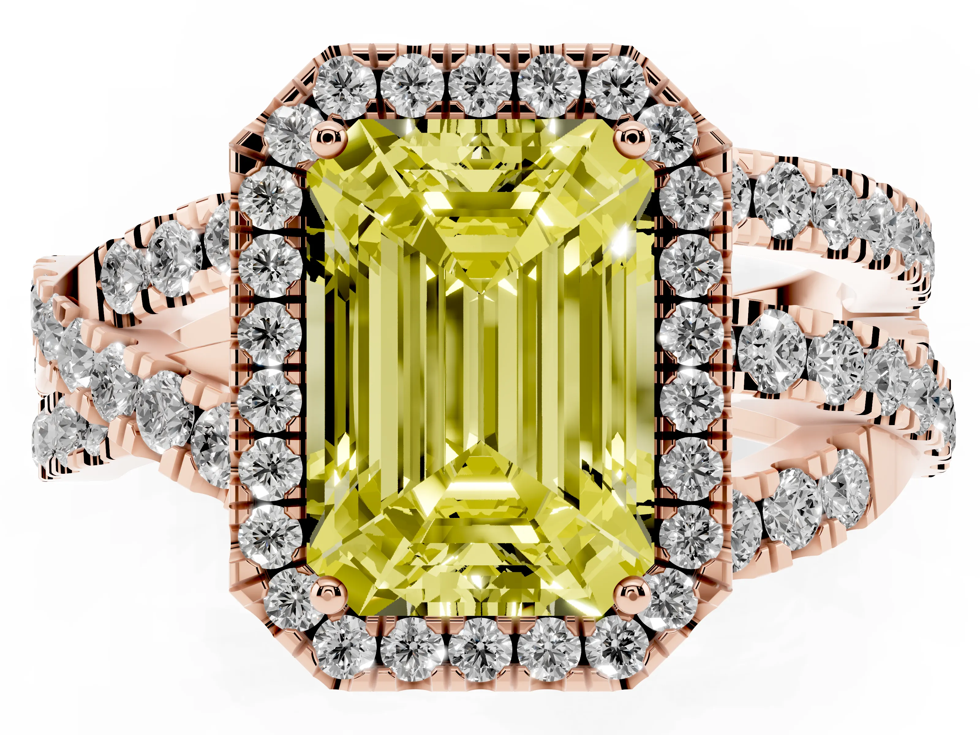 Fancy Yellow Emerald Cut Diamond Halo Ring Set in Rose gold with Round Crossover Split Shank and Prong Setting