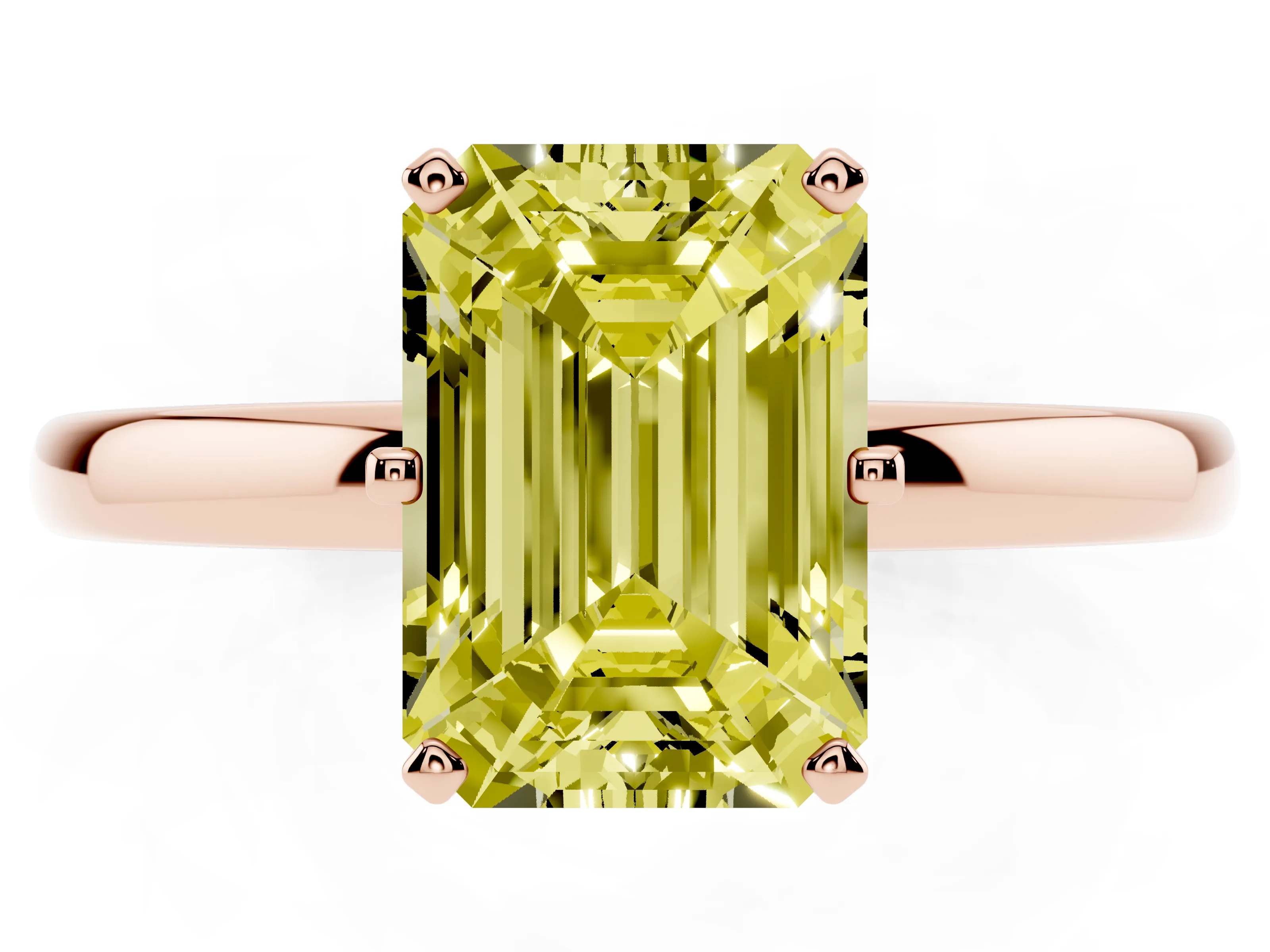 Fancy Yellow Emerald Cut Diamond Solitaire Ring Set in Rose gold with Raised Prong Setting on a Classic Band