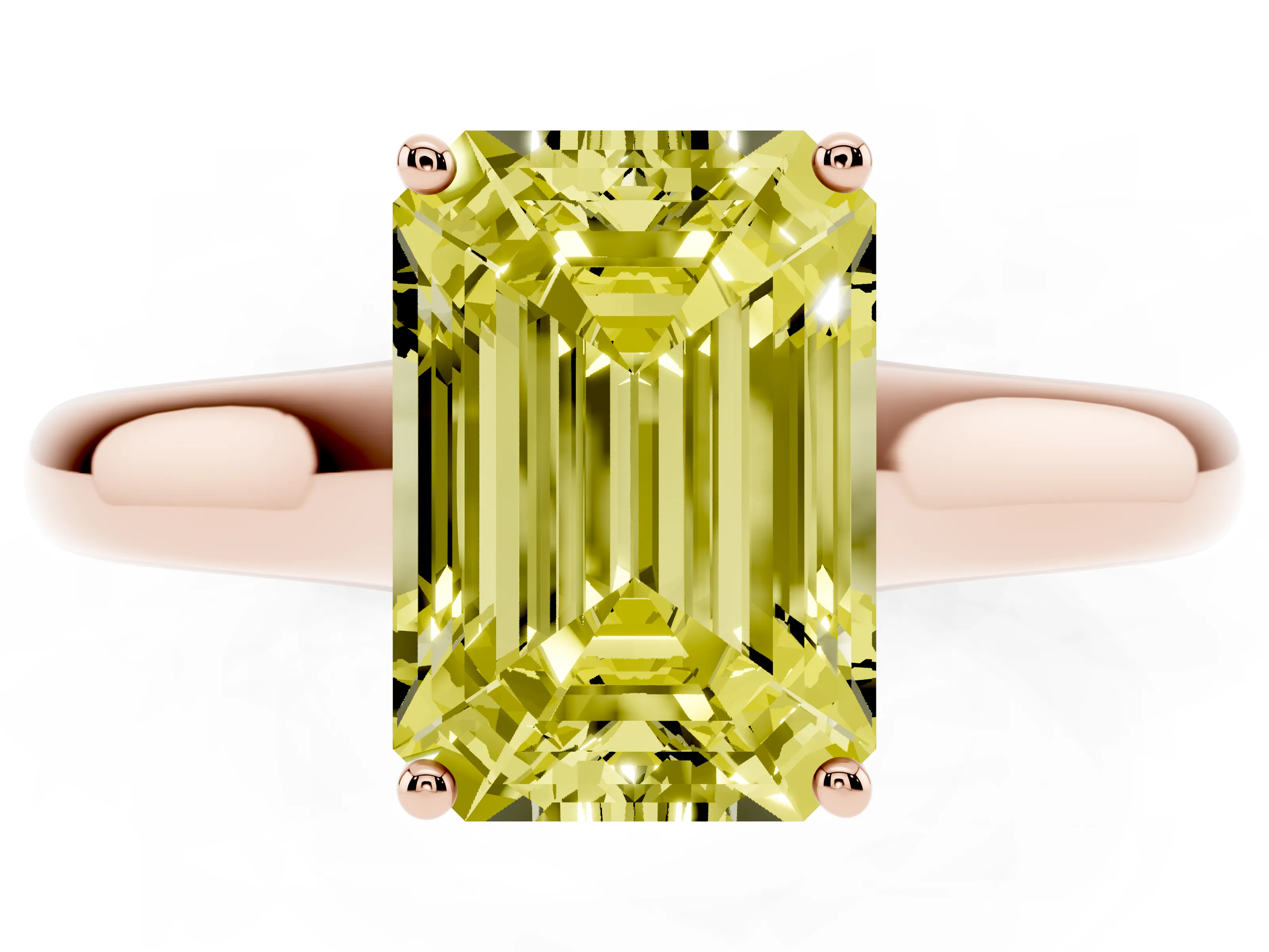 Fancy Yellow Emerald Cut Diamond Solitaire Engagement Ring Set in Rose gold with Subtly Tapered Band and Prong Setting