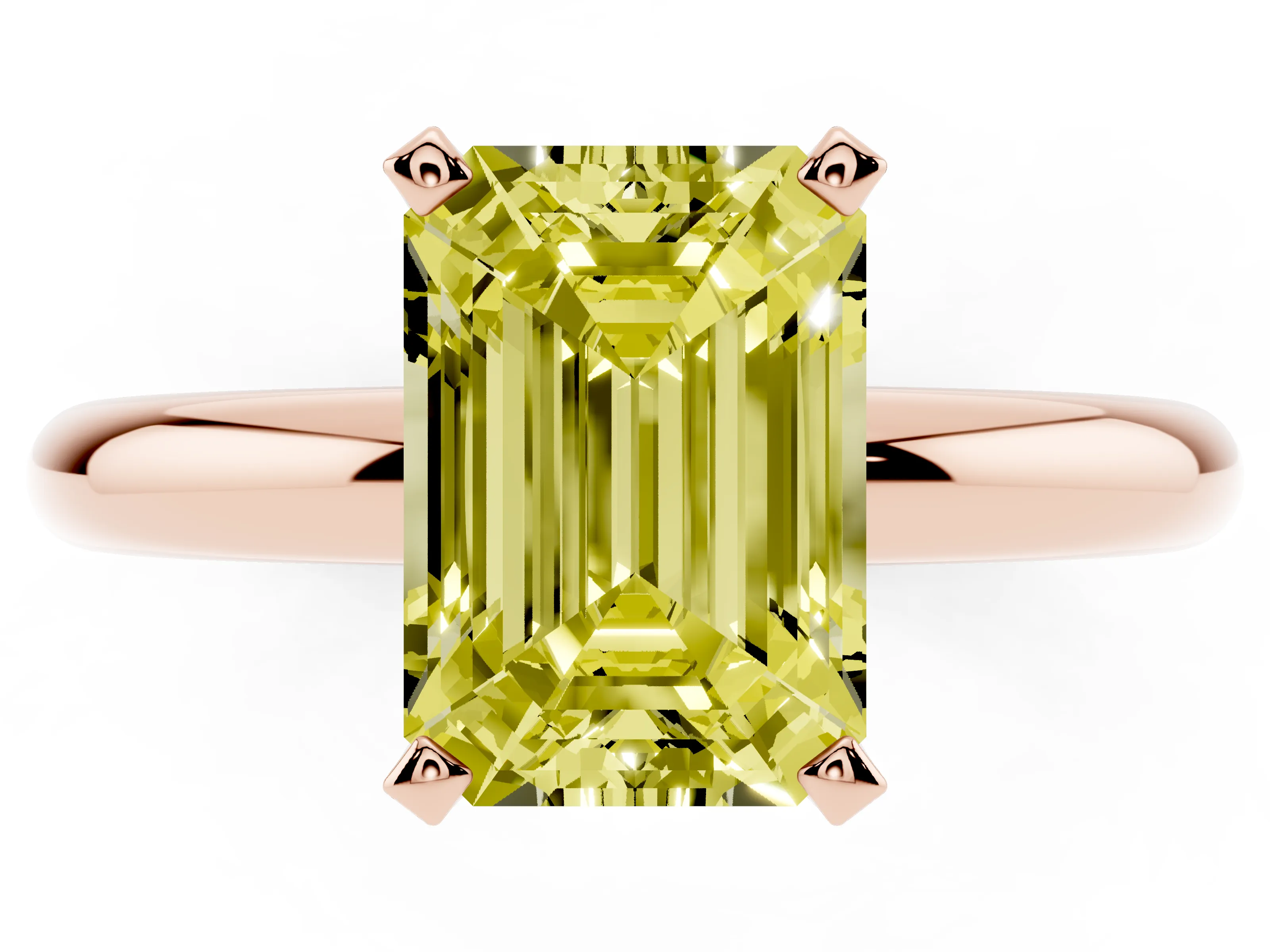 Fancy Yellow Emerald Cut Diamond Solitaire Engagement Ring Set in Rose gold with Round Band and Prong Setting