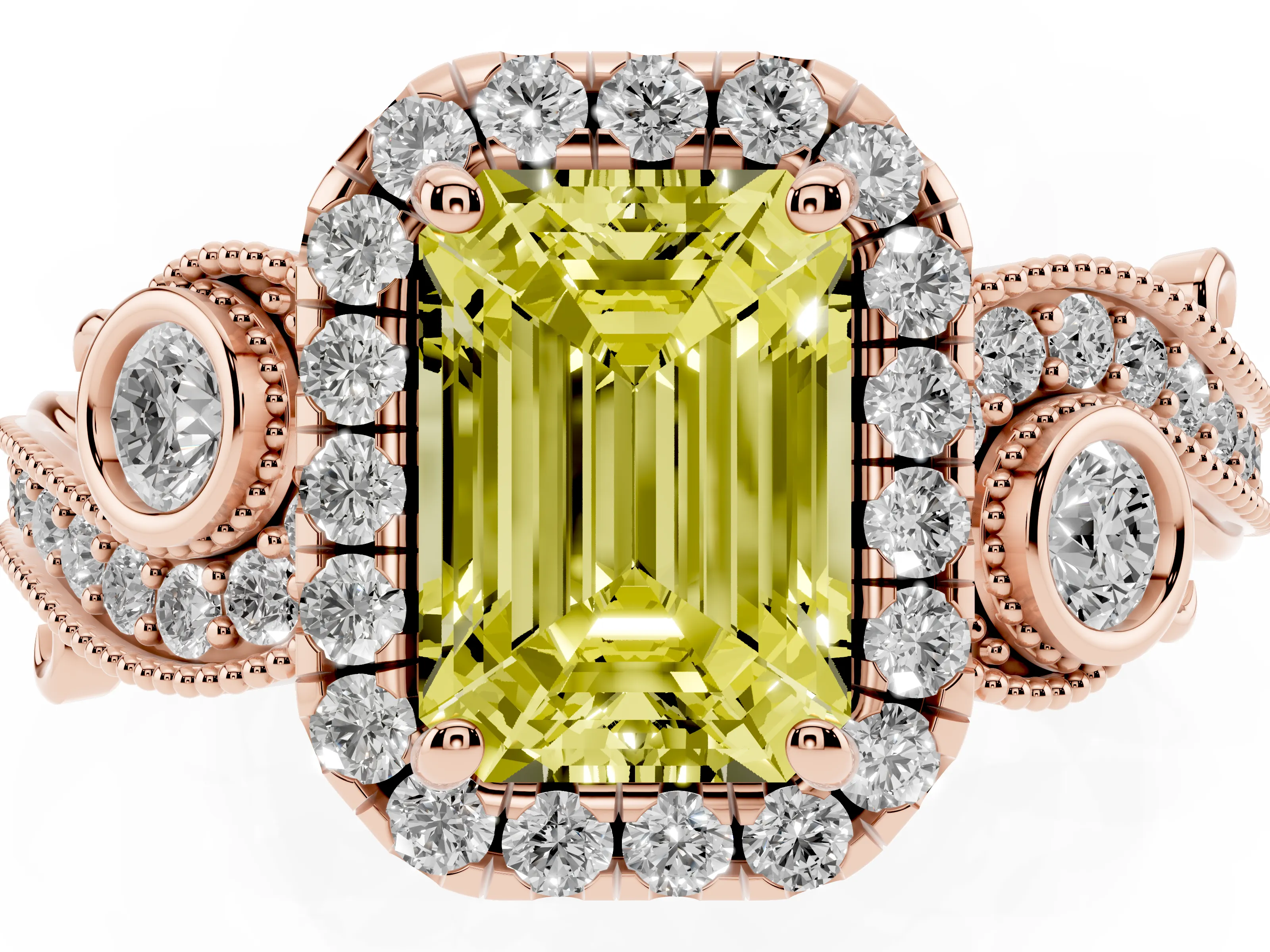 Fancy Yellow Emerald Cut Diamond Halo Ring Set in Rose gold with Milgrain Pavé Band and Prong Setting
