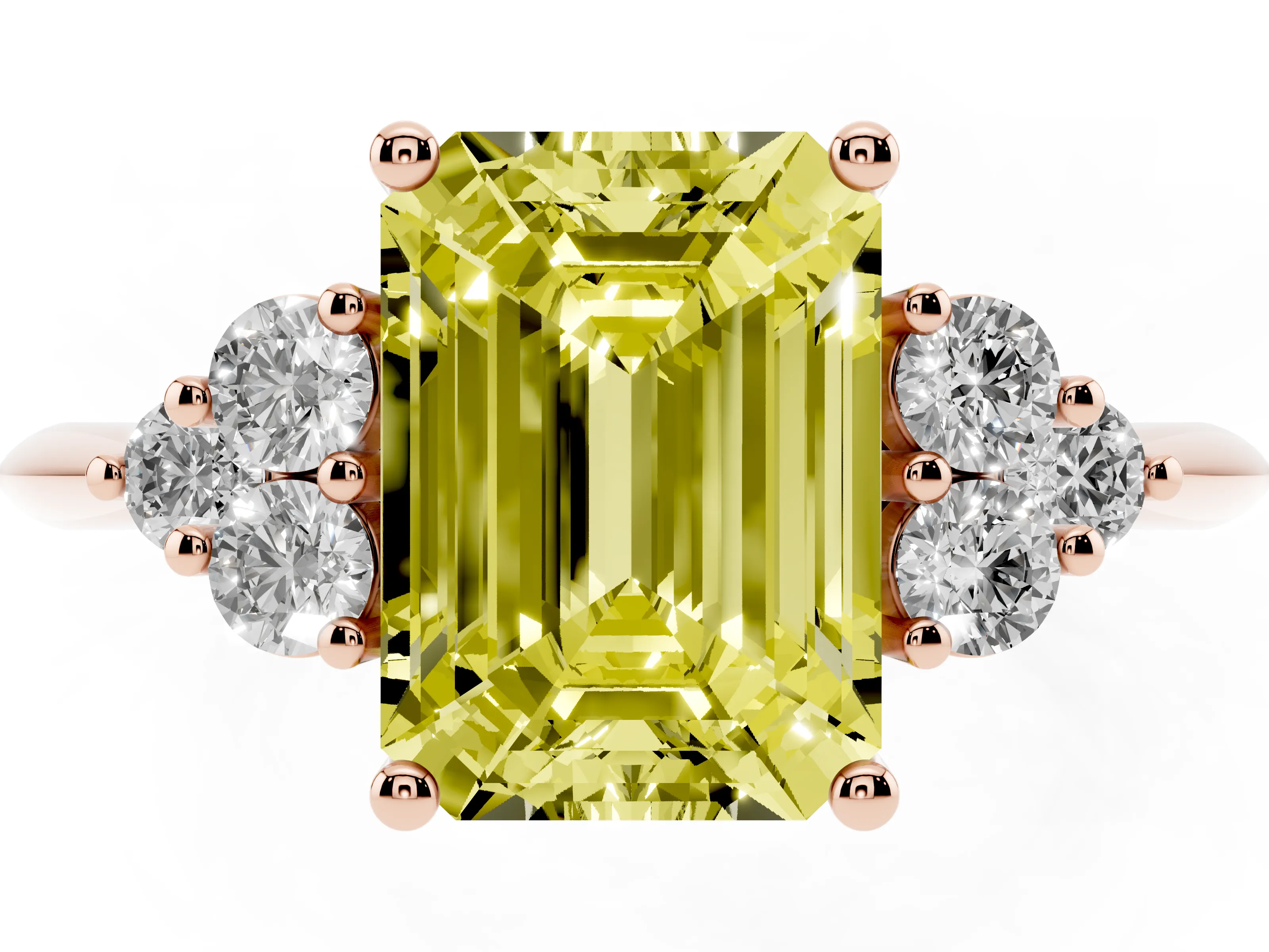 Fancy Yellow Emerald Cut Diamond Cluster Ring Set in Rose gold with Plain Band and Prong Setting