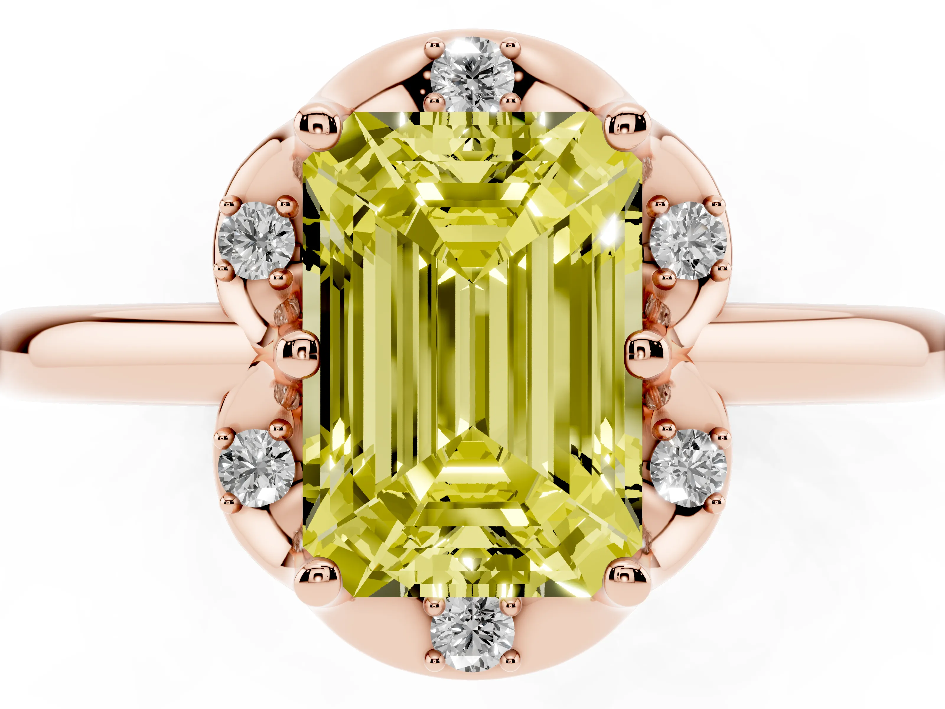 Fancy Yellow Emerald Cut Diamond Round Cluster Halo Ring Set in Rose gold with Solitaire Band and Prong Setting
