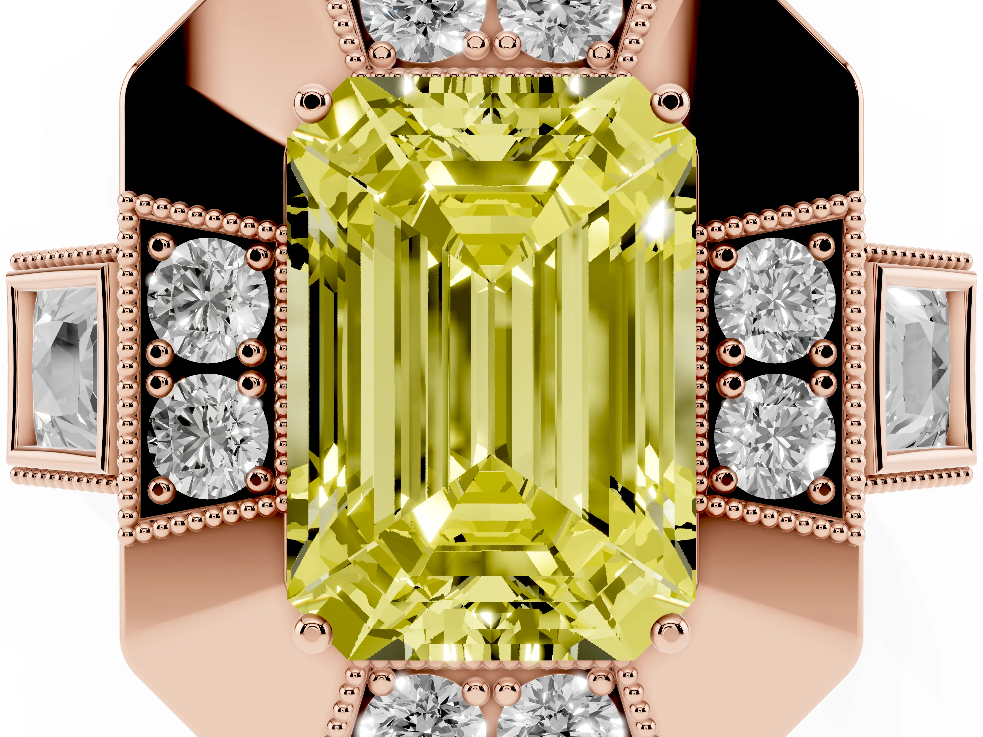 Fancy Yellow Emerald Cut Diamond Milgrain Halo Ring Set in Rose gold with Split Shank