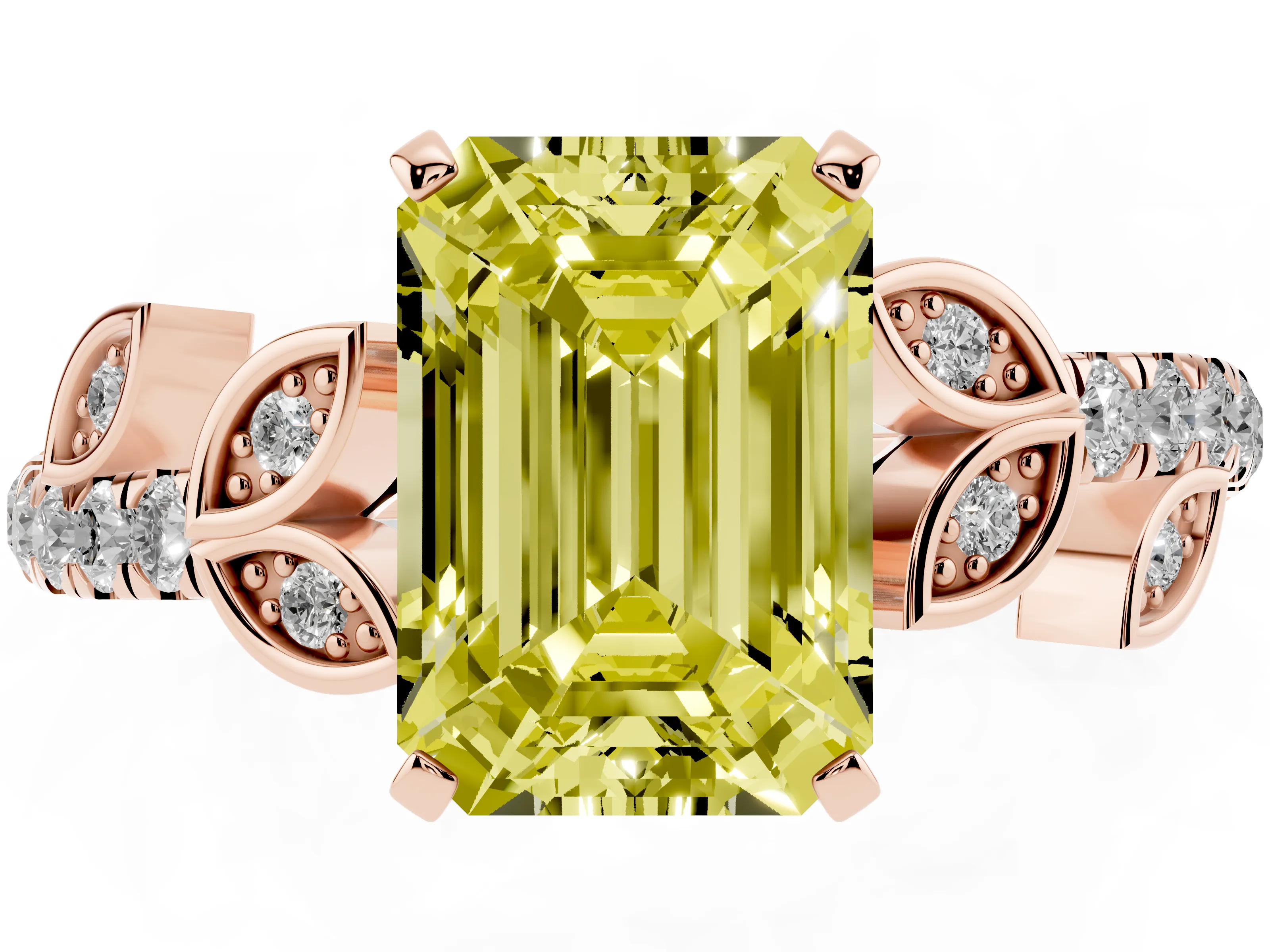Fancy Yellow Emerald Cut Diamond Solitaire Leaf-Inspired Ring Set in Rose gold with Pavé Band and Prong Setting