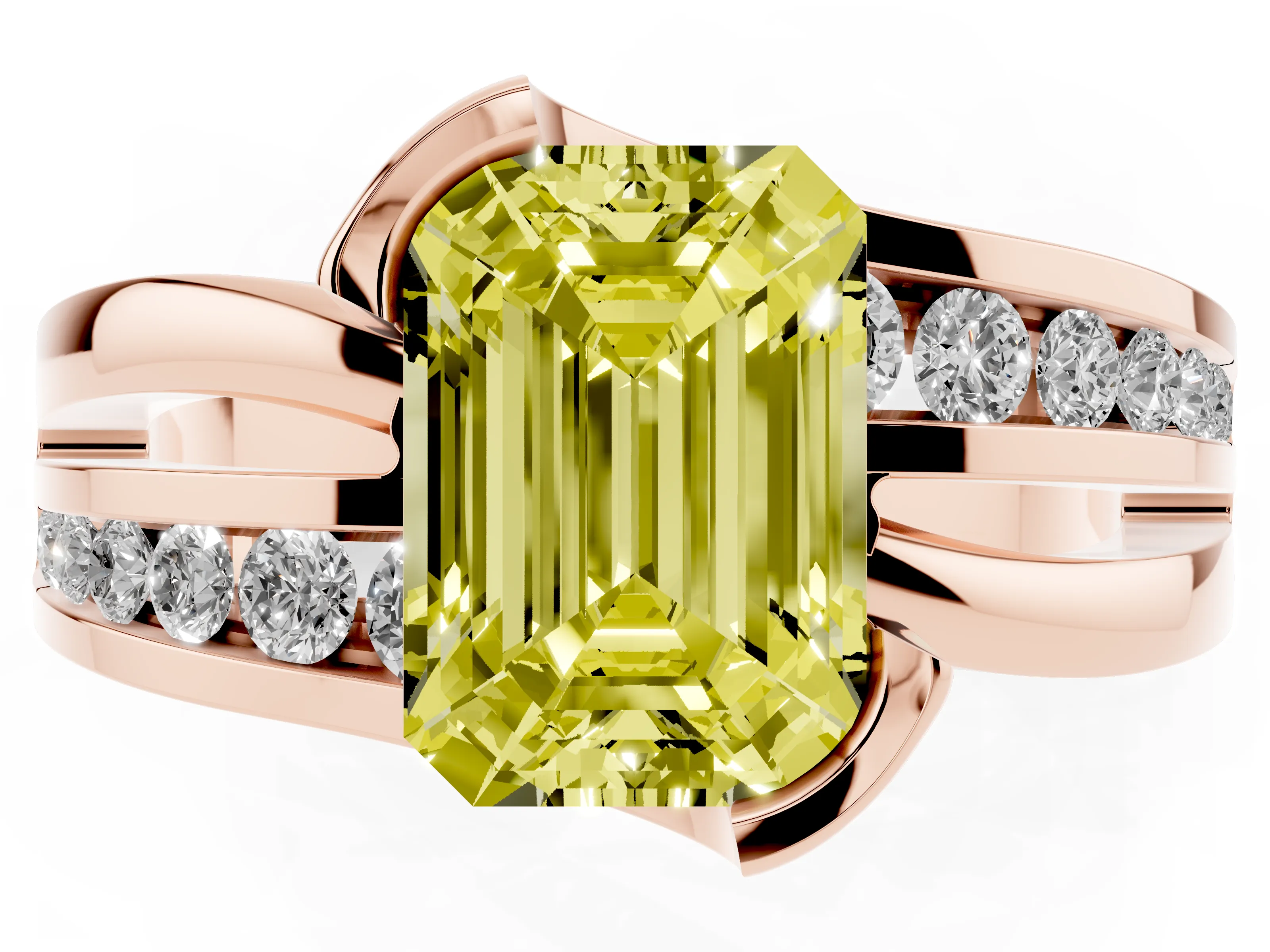 Fancy Yellow Emerald Cut Diamond Solitaire Ring Set in Rose gold with Channel Set Split Shank and Tension Prongs