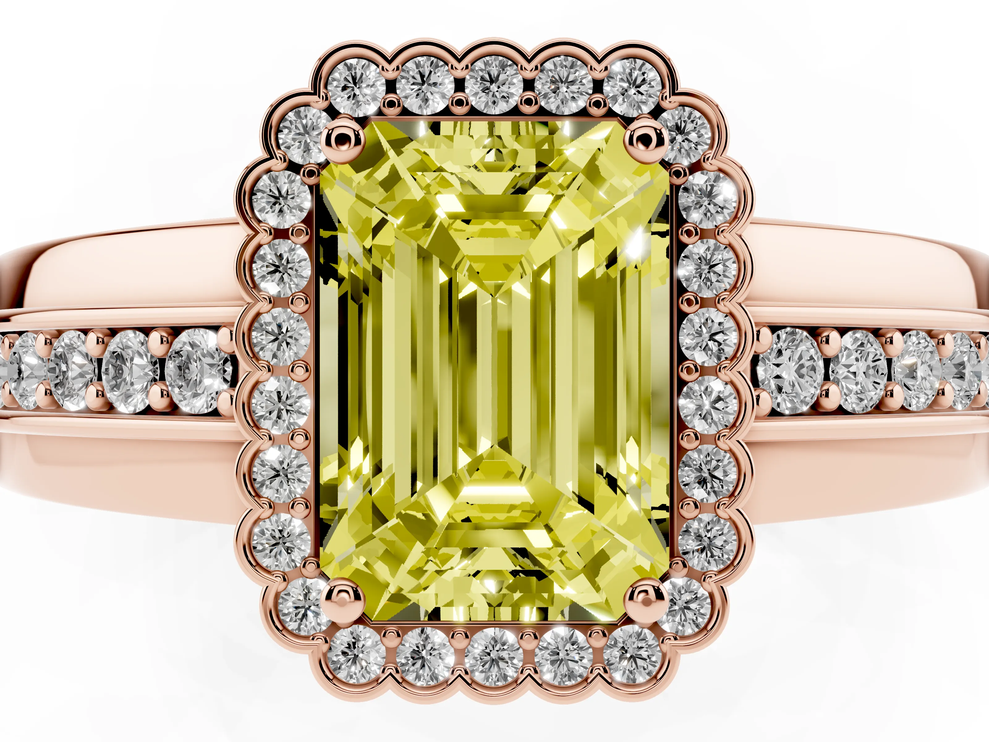 Fancy Yellow Emerald Cut Diamond Halo Prong Ring Set in Rose gold with Pavé Band