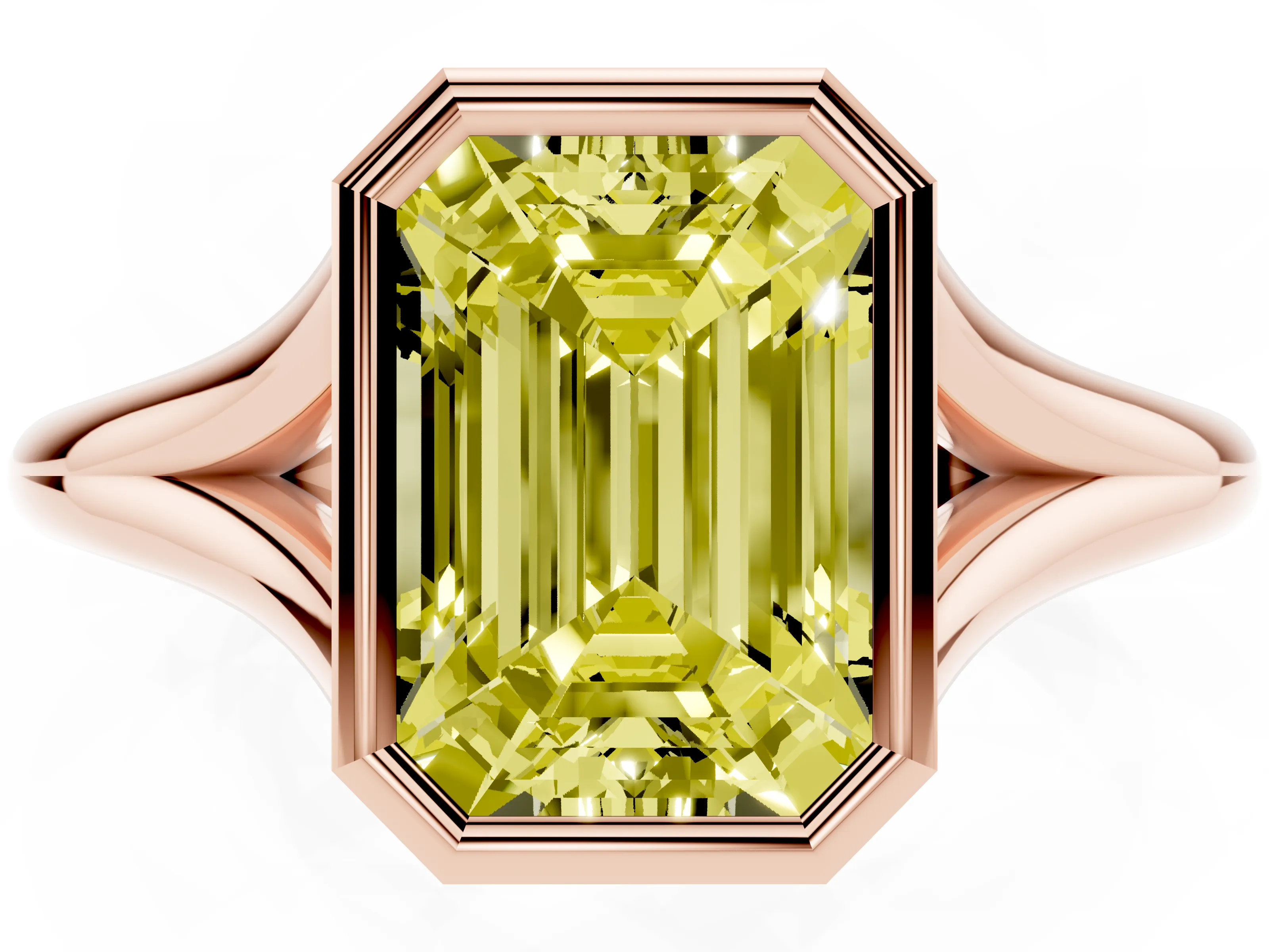 Fancy Yellow Bezel Set Emerald Cut Diamond Solitaire Ring Set in Rose gold with Tapered Band