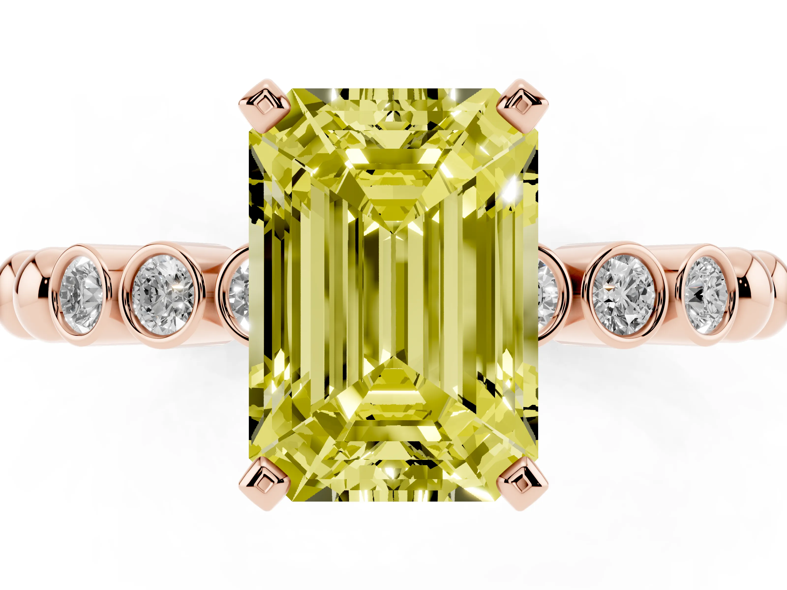 Fancy Yellow Emerald Cut Diamond Solitaire Engagement Ring Set in Rose gold with Bezel Accents on Beaded Band
