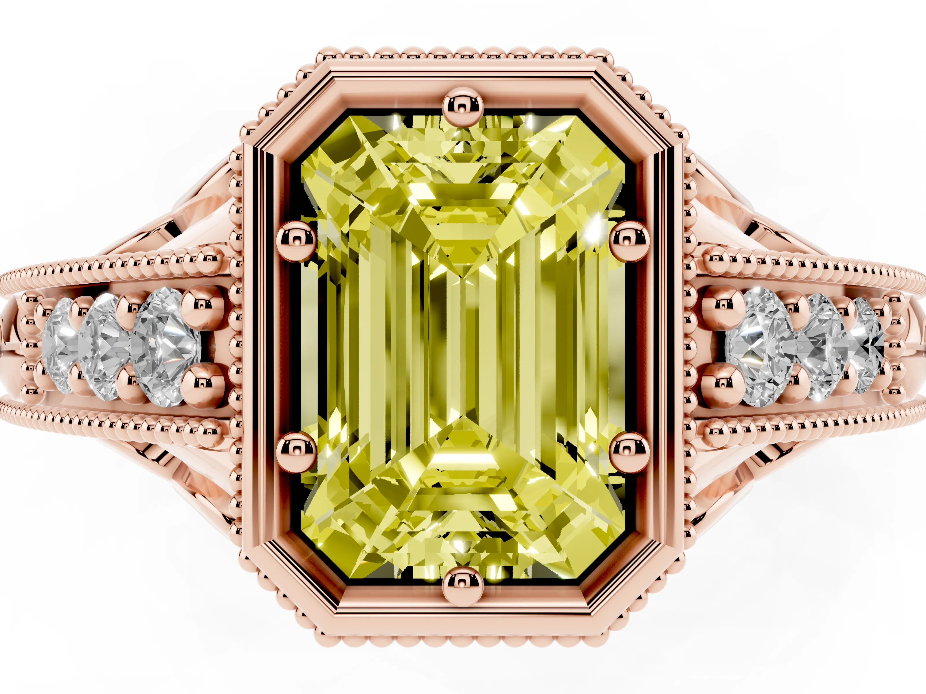 Fancy Yellow Bezel Set Emerald Cut Diamond Milgrain Pavé Engagement Ring Set in Rose gold