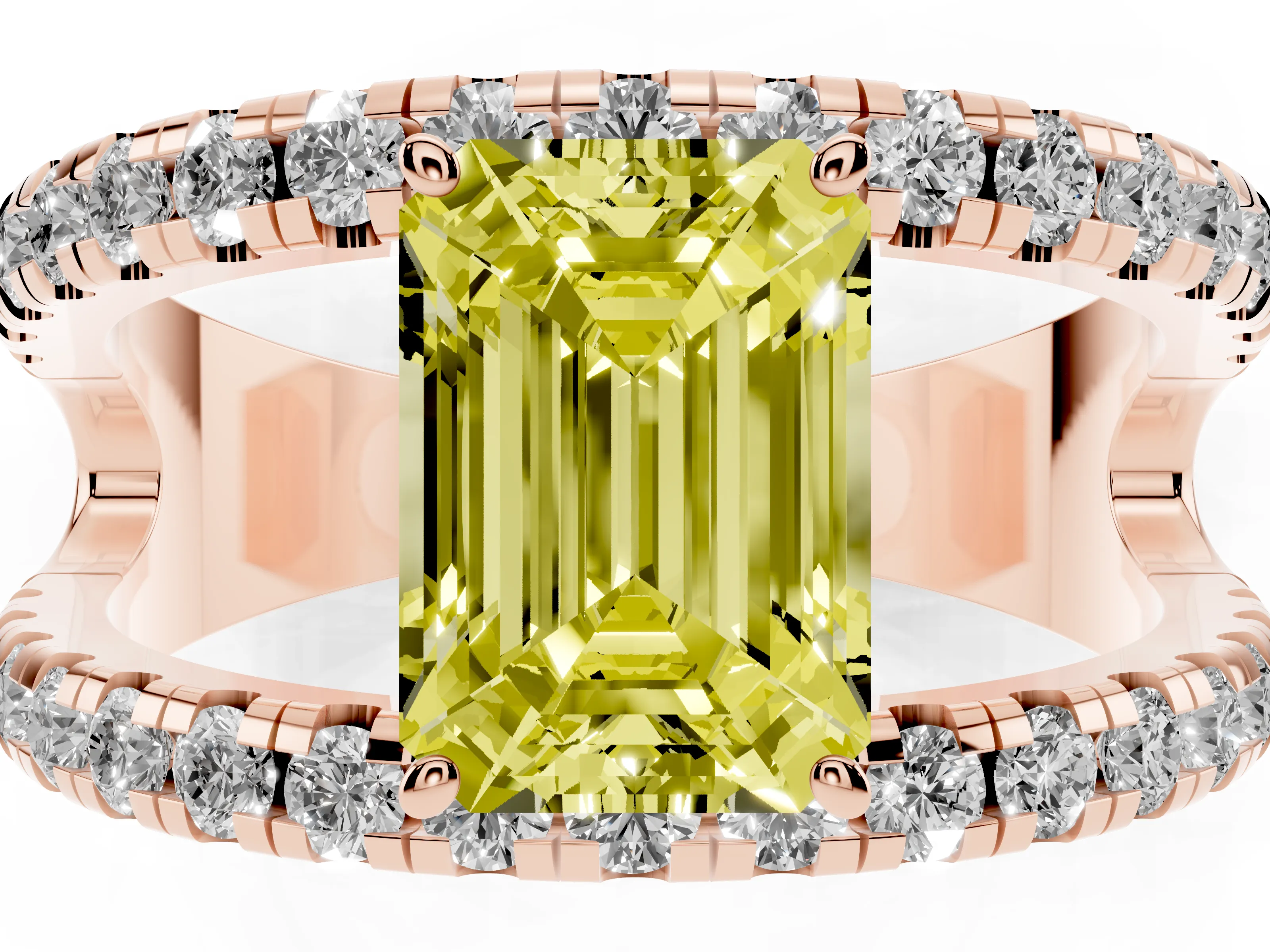 Fancy Yellow Emerald Cut Diamond Split Shank Pavé Solitaire Ring Set in Rose gold with Open Shank Design