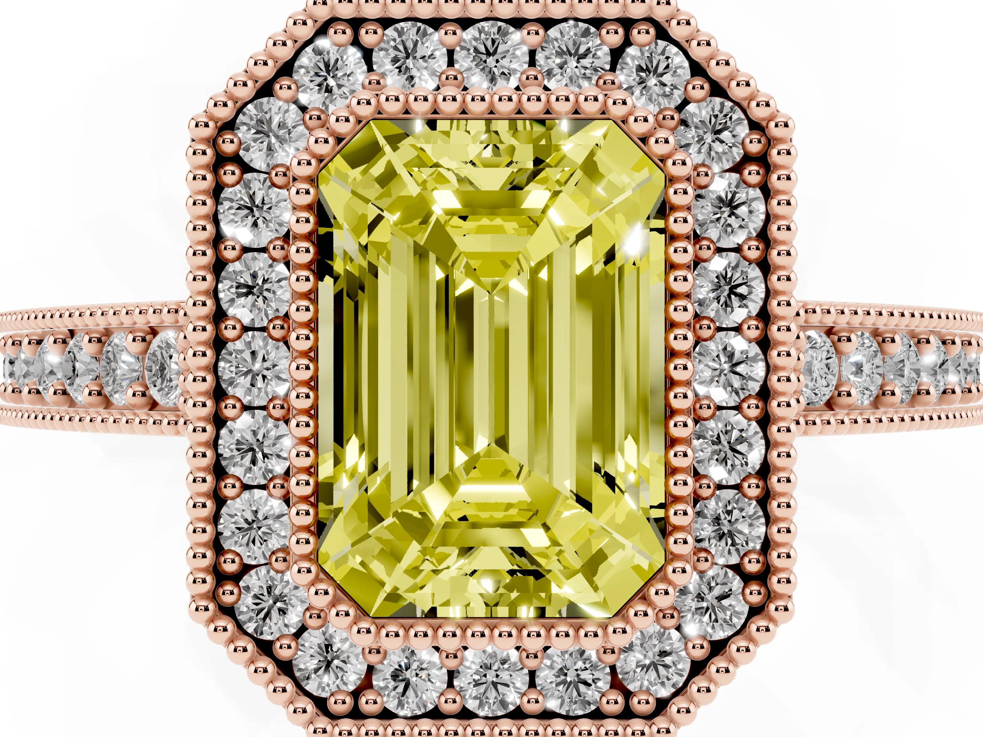 Fancy Yellow Emerald Cut Diamond Halo Engagement Ring Set in Rose gold with Pavé Band and Round Halo Stones