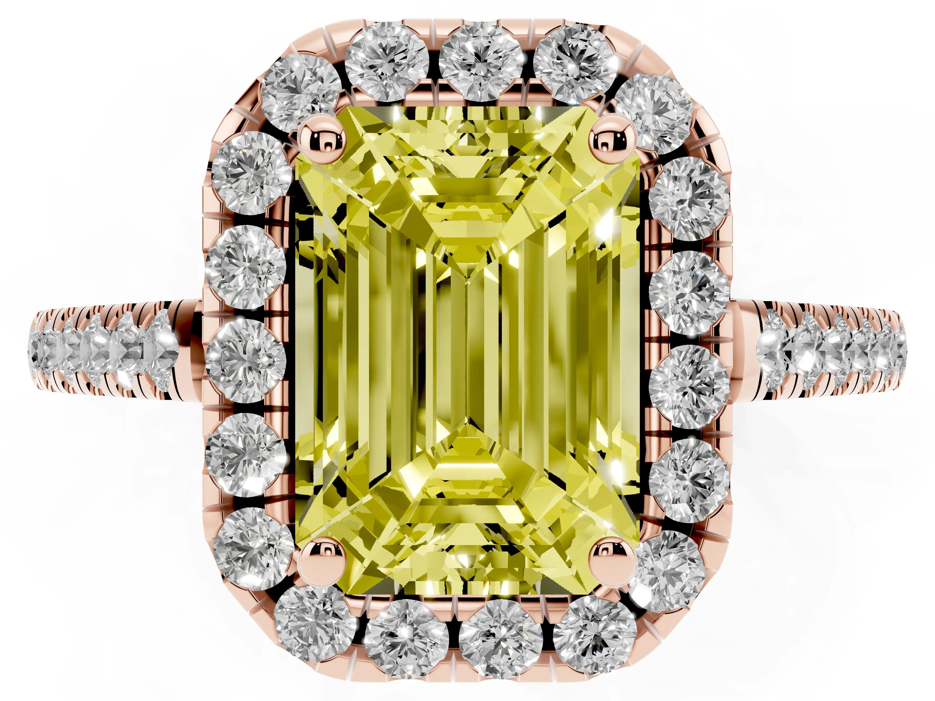 Fancy Yellow Emerald Cut Diamond Pavé Halo Engagement Ring Set in Rose gold with Pavé Band and Prong Setting