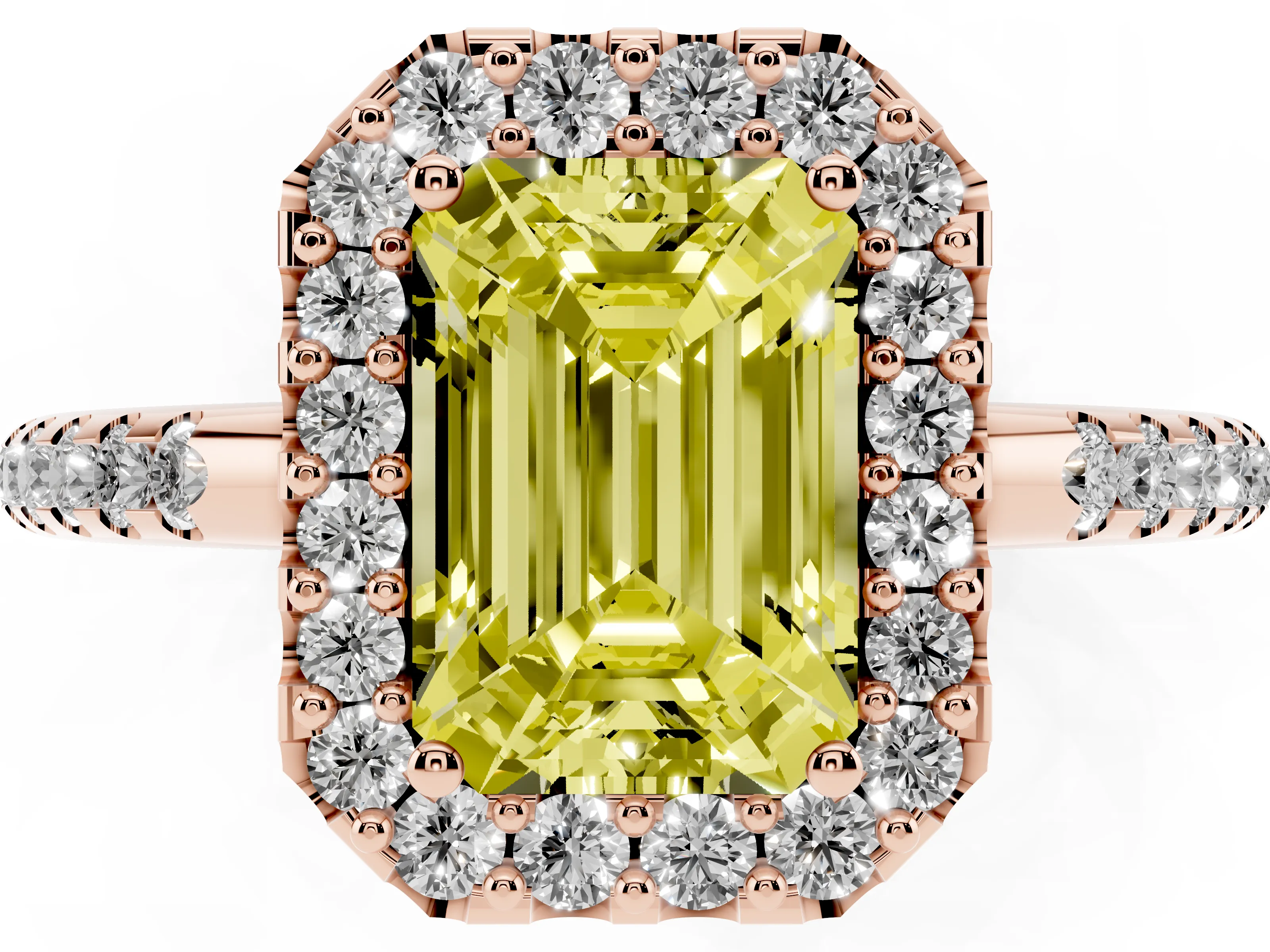 Fancy Yellow Emerald Cut Diamond Pavé Halo Ring Set in Rose gold with Prong Setting