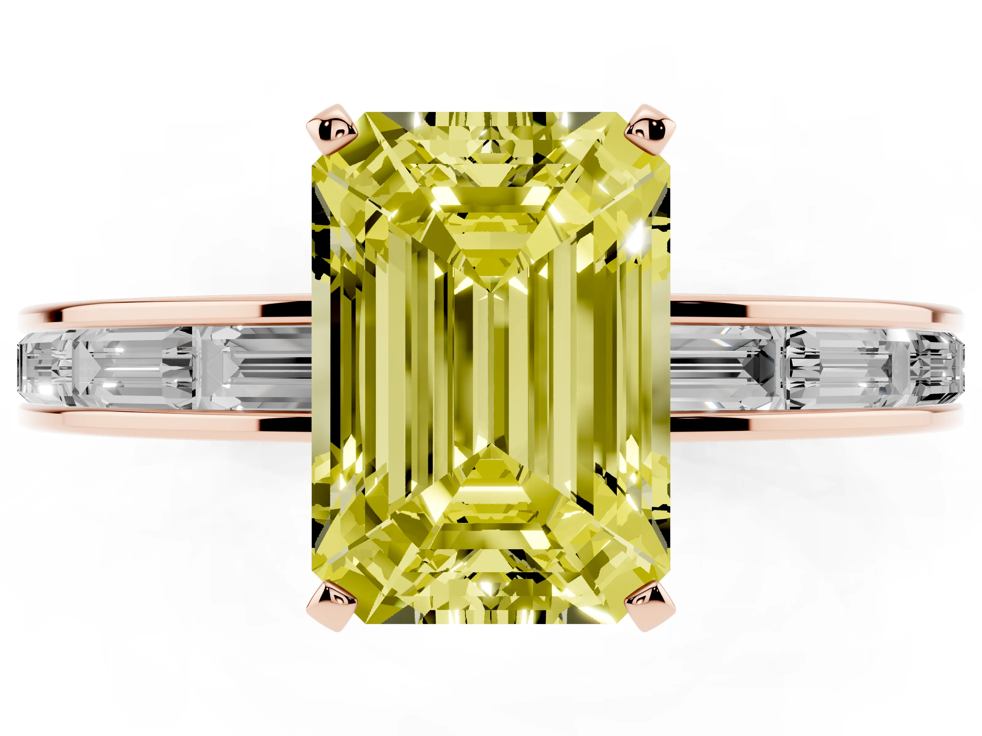 Fancy Yellow Emerald Cut Diamond Solitaire Ring Set in Rose gold with Channel-Set Baguette Band and Prong Setting