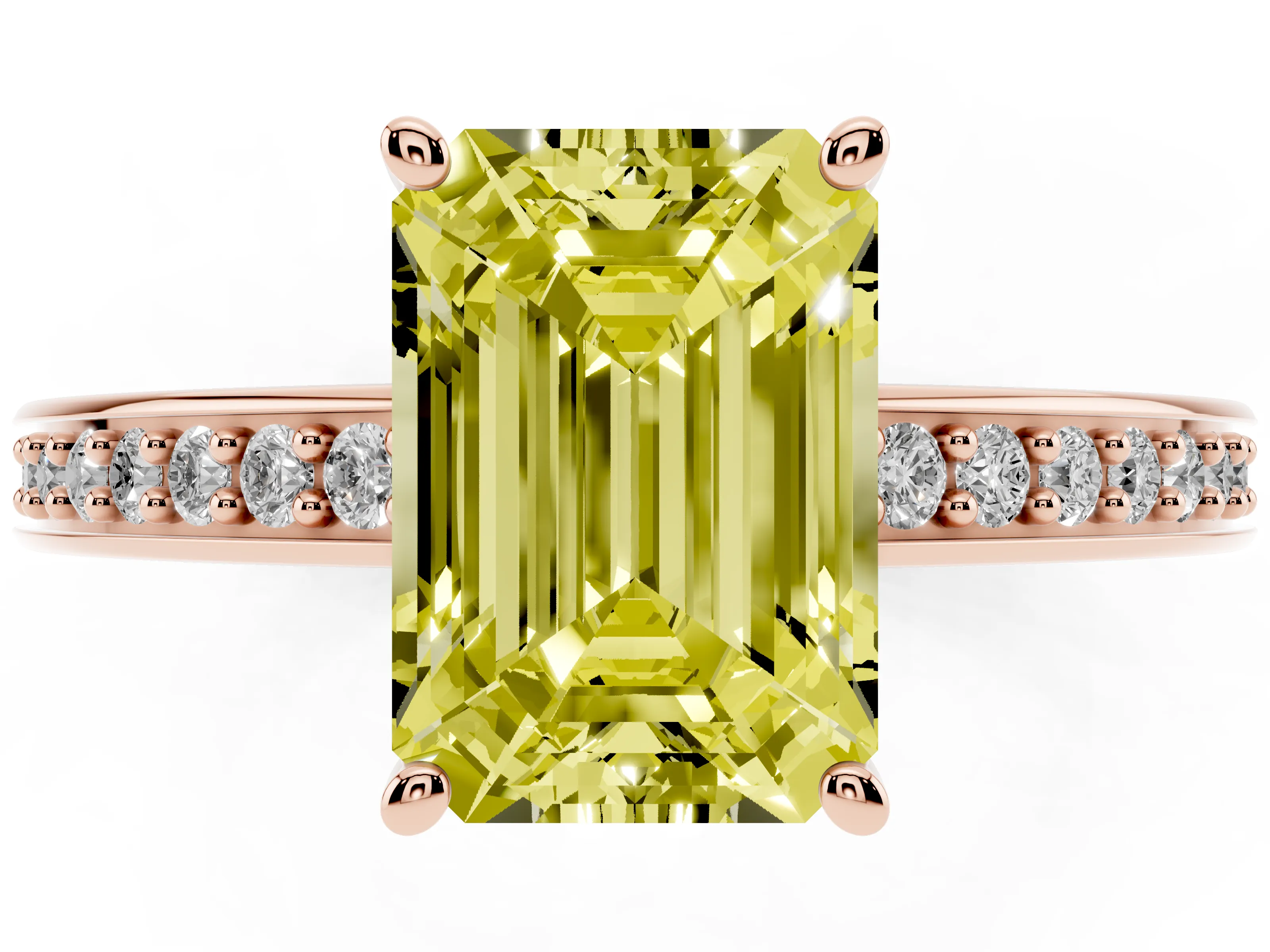 Fancy Yellow Emerald Cut Diamond Pavé Band Prong Set Solitaire Ring Set in Rose gold