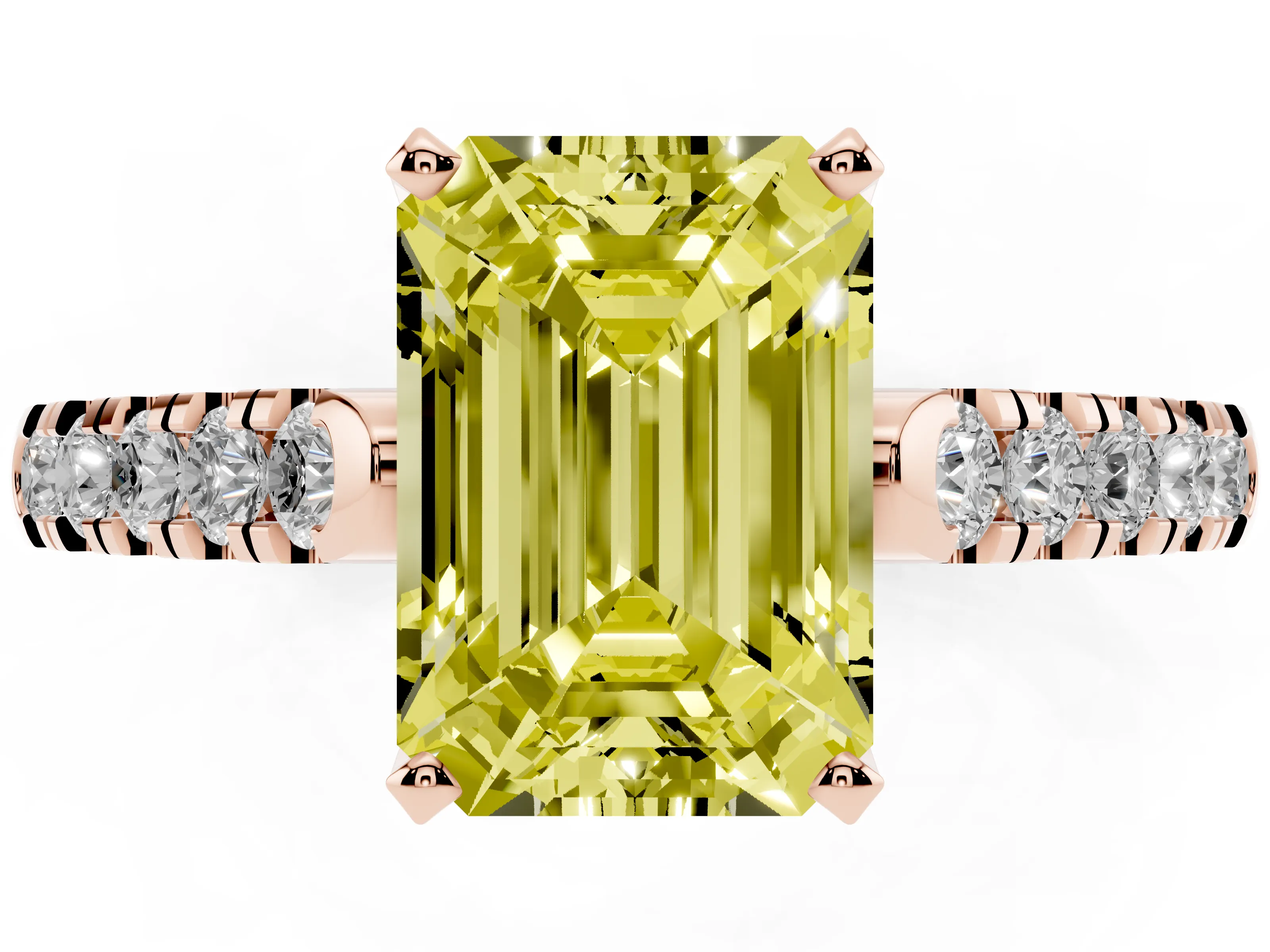 Fancy Yellow Emerald Cut Diamond Pavé Band Solitaire Ring Set in Rose gold with Partway Accent Stones and Prong Setting