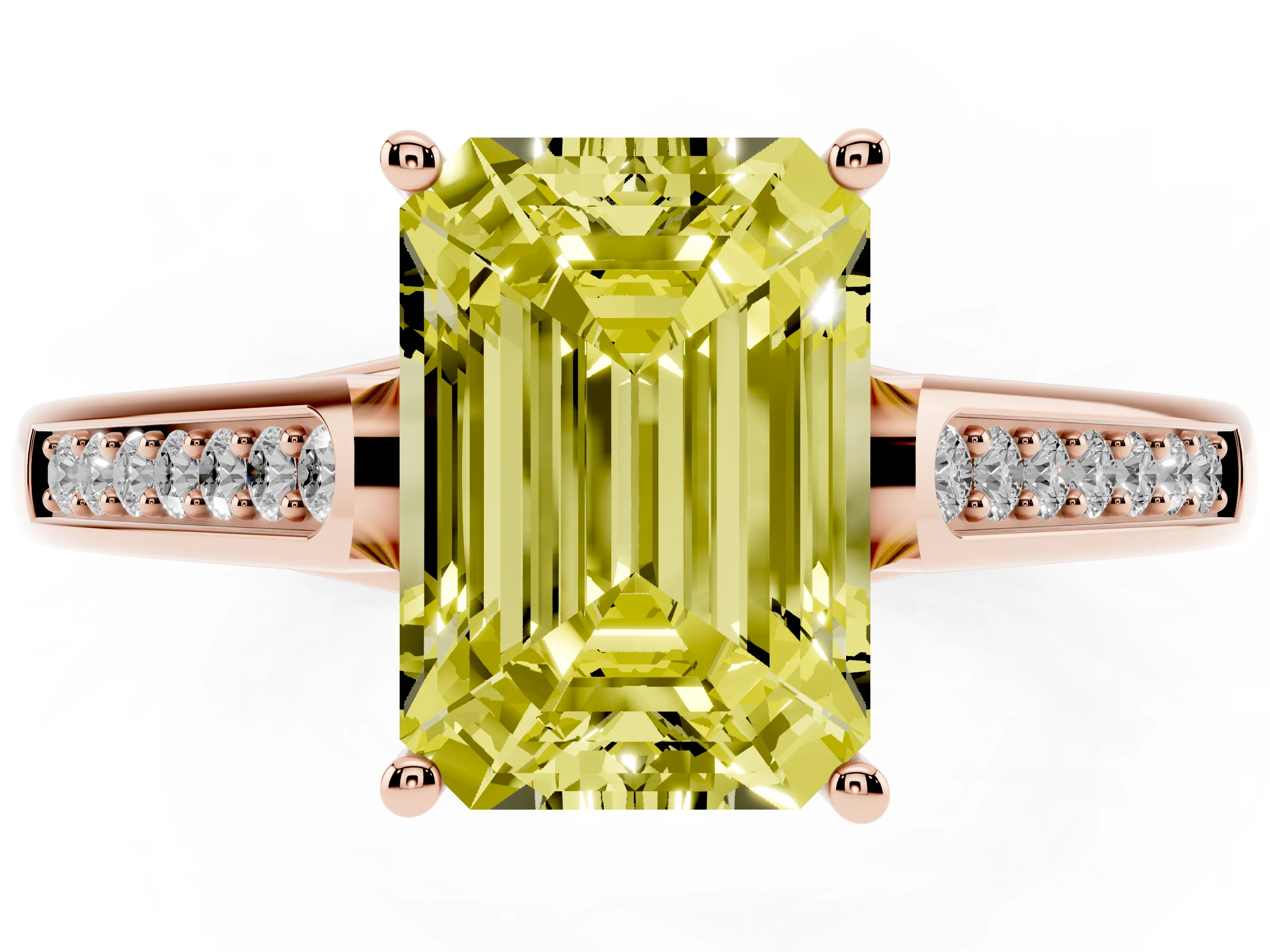 Fancy Yellow Emerald Cut Diamond Solitaire Cathedral Engagement Ring Set in Rose gold with Channel-Set Band and Prong Setting