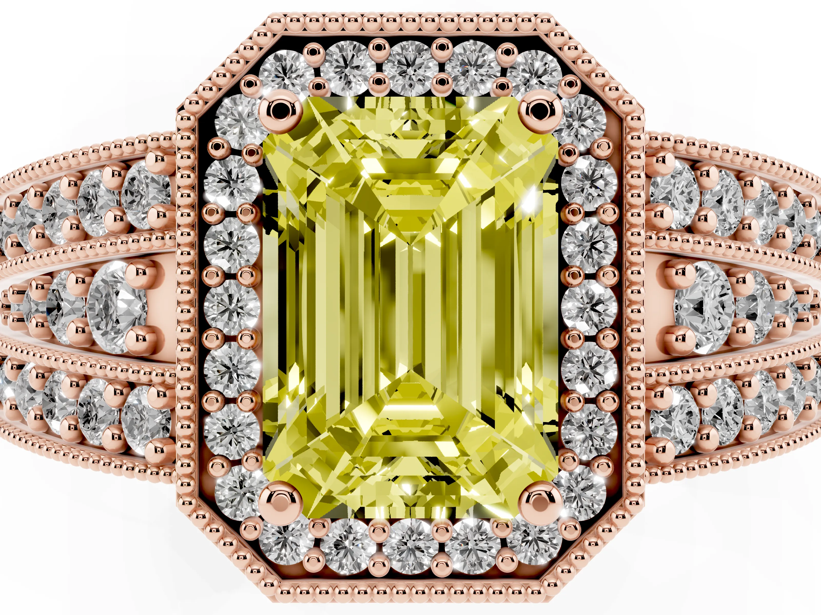 Fancy Yellow Emerald Cut Diamond Halo Ring Set in Rose gold with Accent Split Shank and Prong Setting