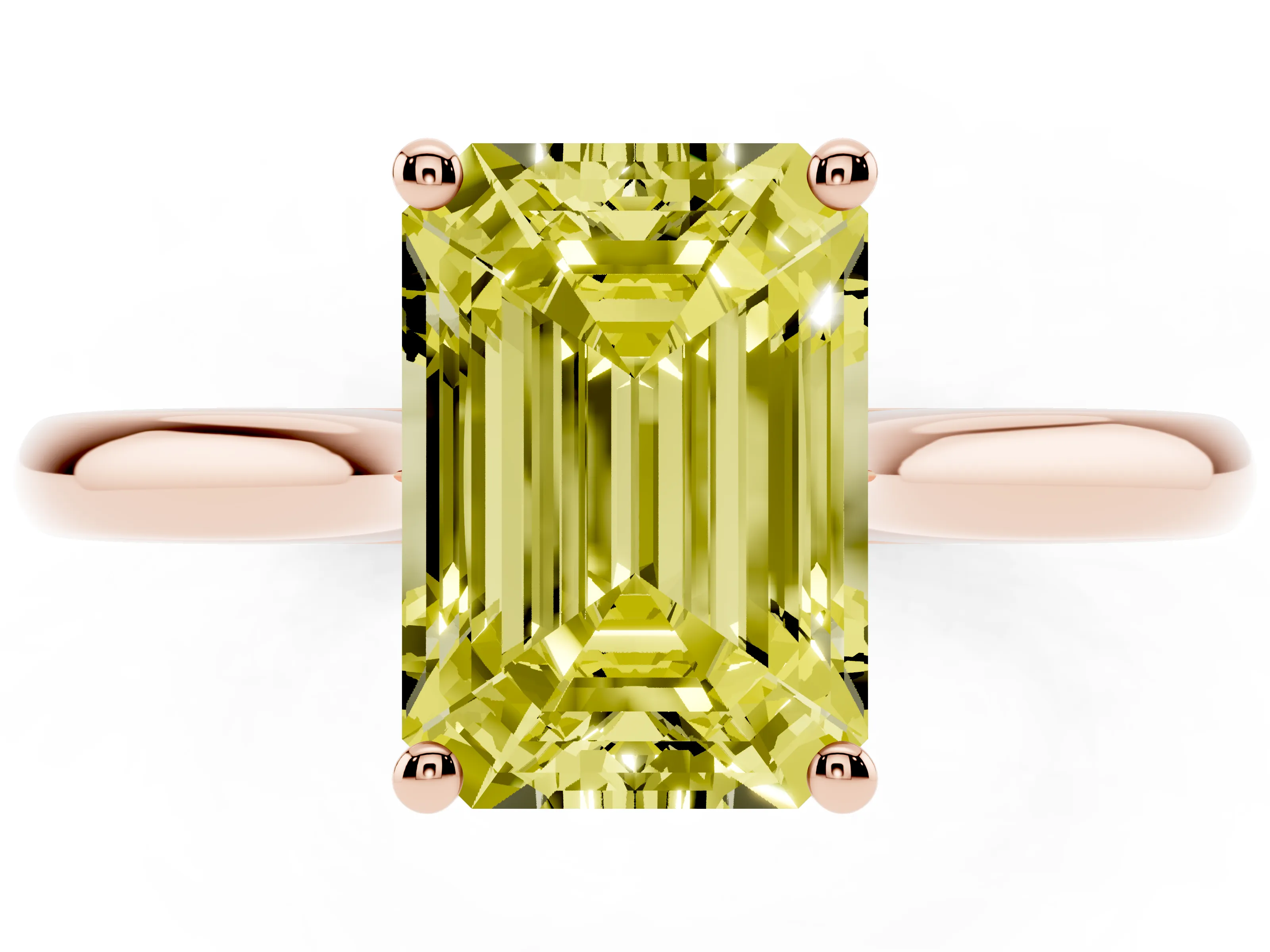 Fancy Yellow Emerald Cut Diamond Solitaire Ring Set in Rose gold with Cathedral Band and Prong Setting