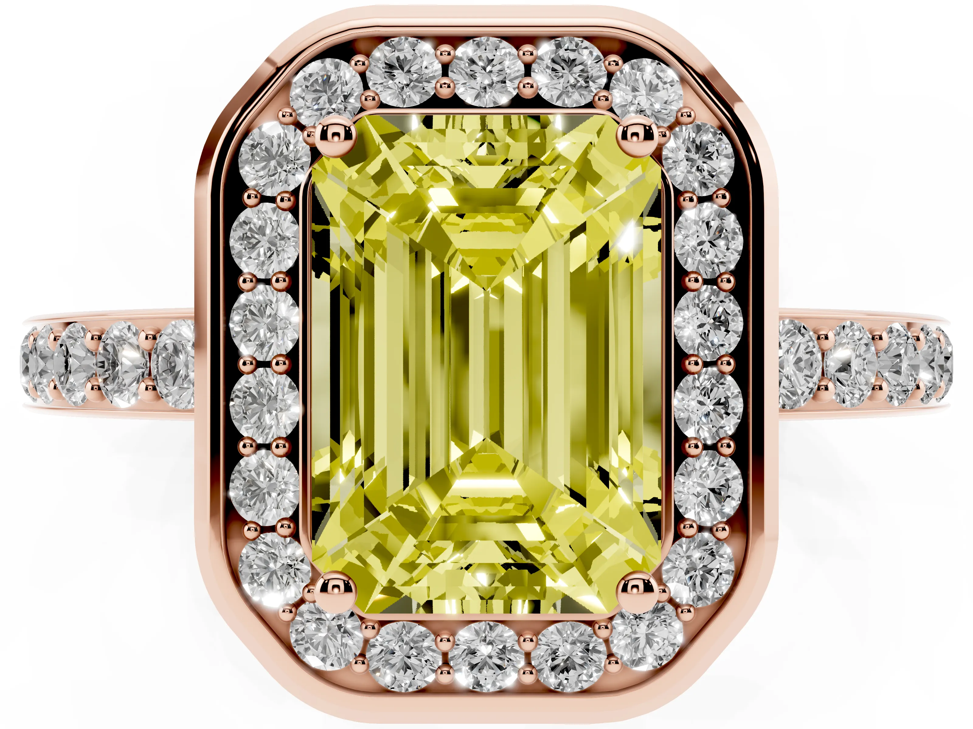 Fancy Yellow Emerald Cut Diamond Halo Ring Set in Rose gold with Bezel Frame and Pavé Band