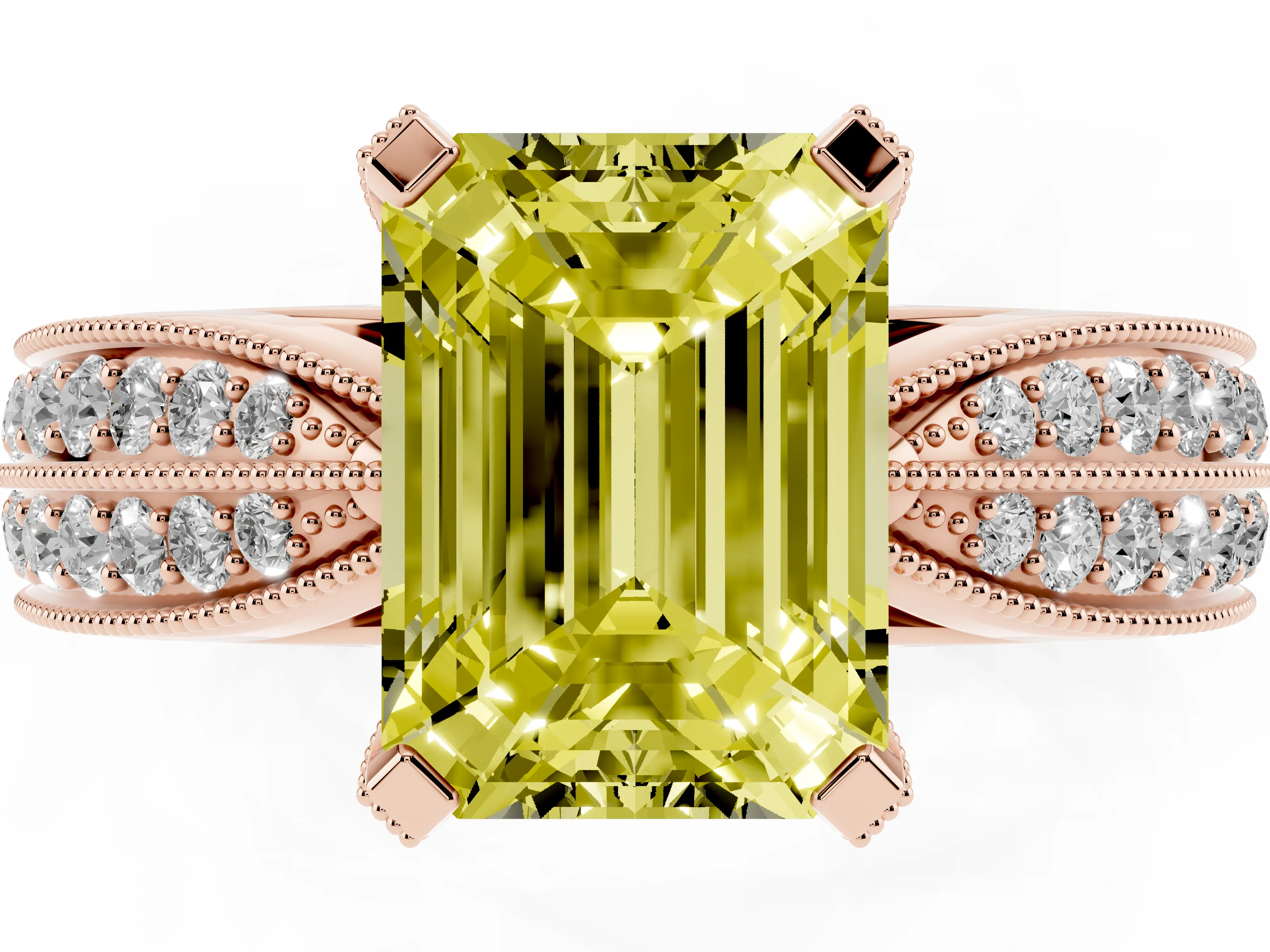 Fancy Yellow Emerald Cut Diamond Solitaire Ring Set in Rose gold with Milgrain Double Row Round Pavé Band