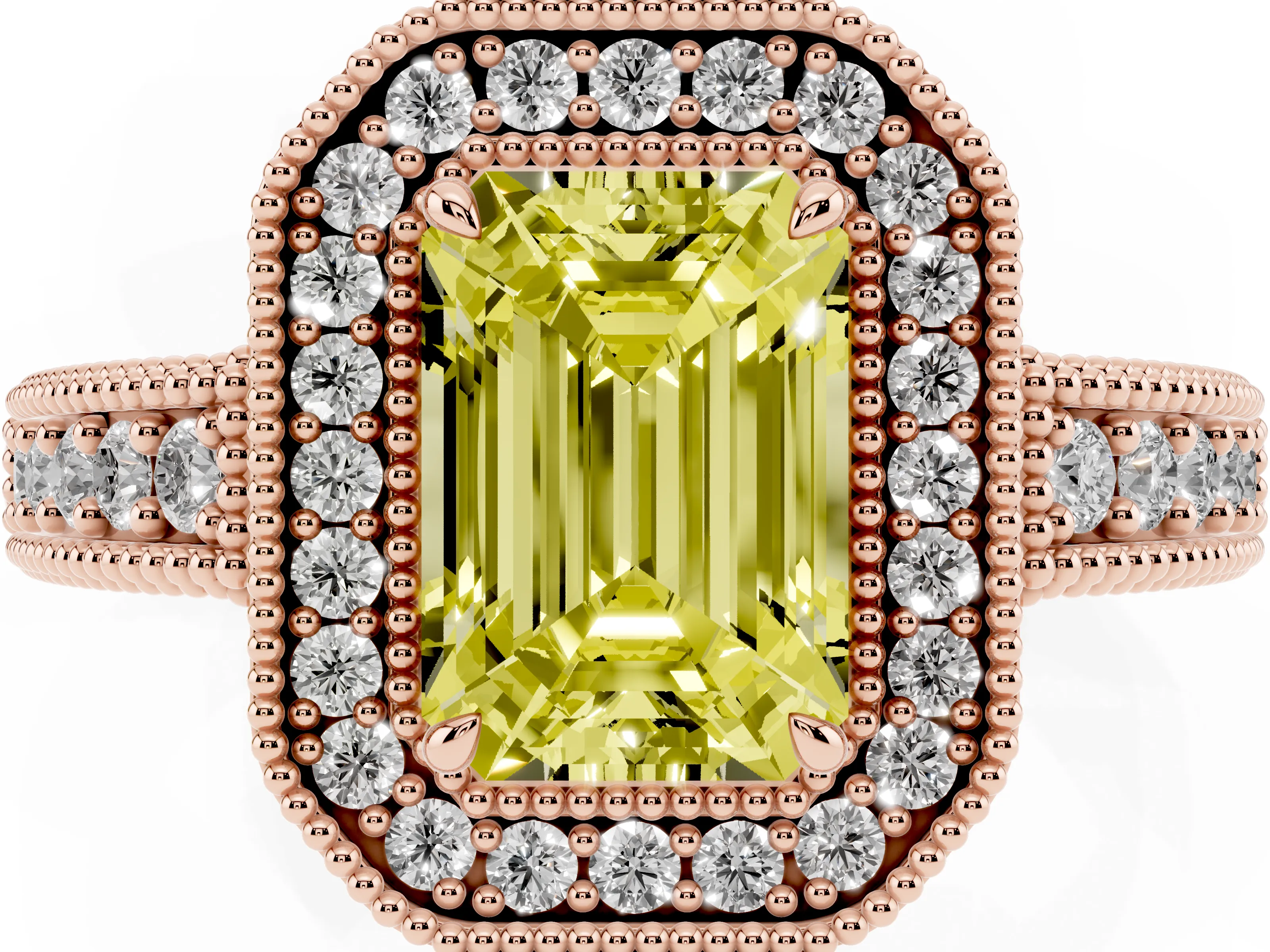 Fancy Yellow Emerald Cut Diamond Halo Ring Set in Rose gold with Round Accent Halo, Pavé Band and Prong Setting